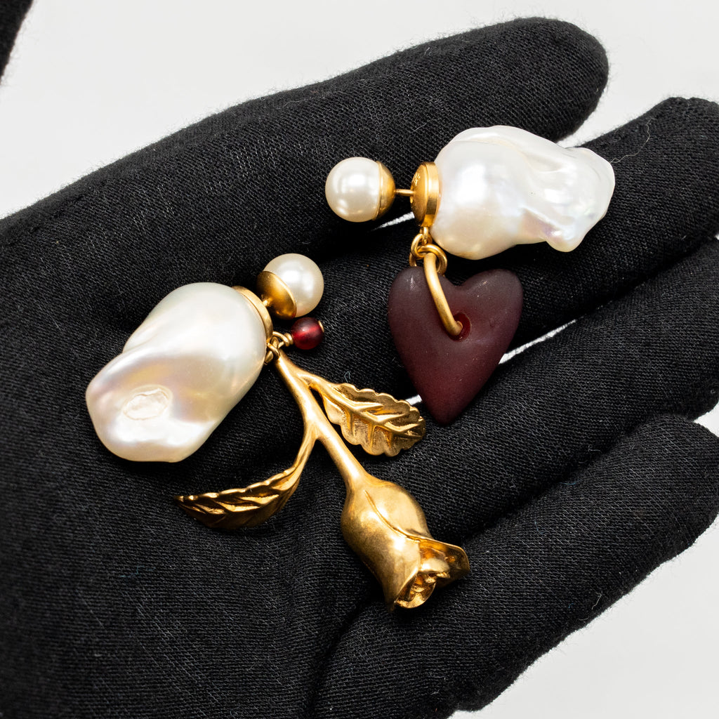 DIOR ROSE DROP PEARL EARRING, HEART DROP PEARL EARRING ROSE RING, GOLD TONE (SELL IN SET)