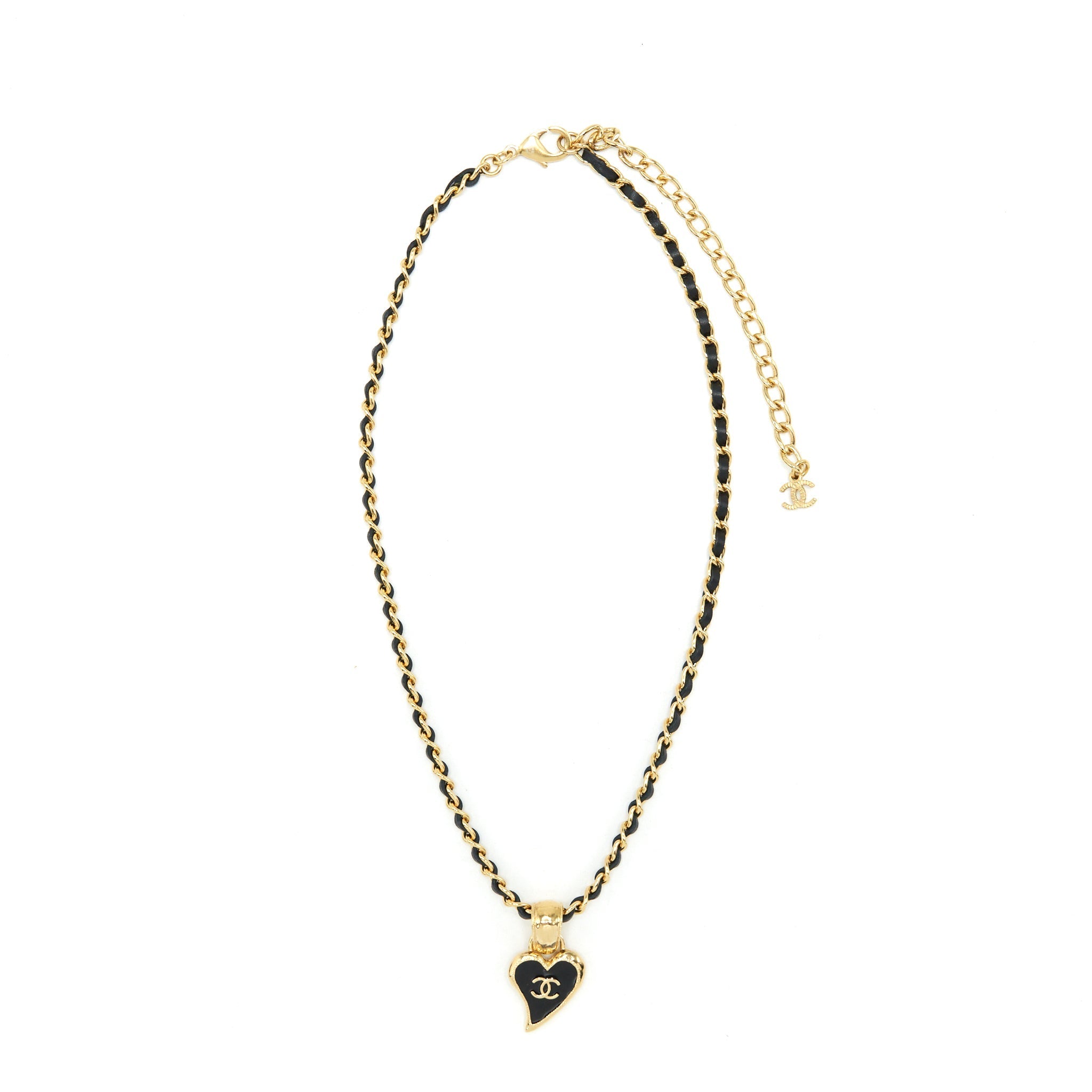 CHANEL LEATHER CHAIN NECKLACE BLACK WITH HEART CC PENDANT GHW