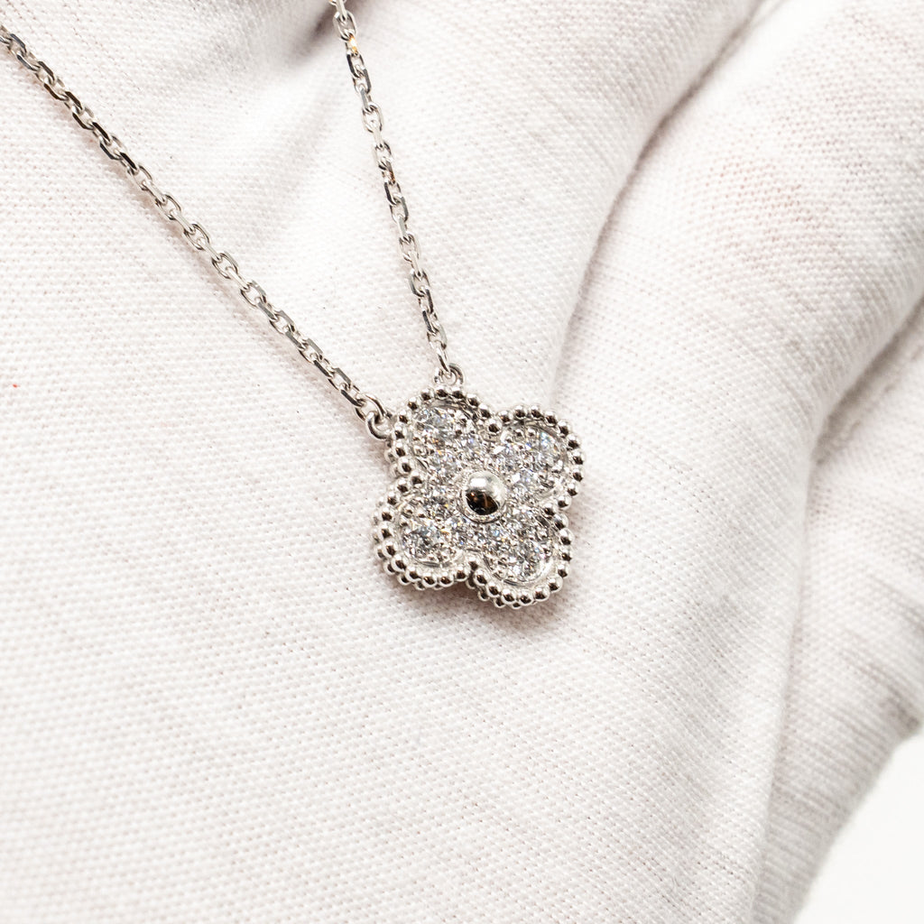 VAN CLEEF AND ARPELS VINTAGE ALHAMBRA PENDANT WHITE GOLD WITH DIAMONDS