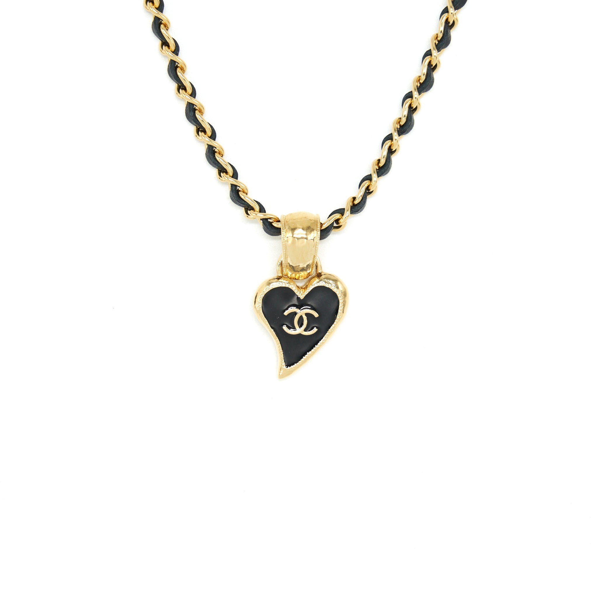 CHANEL LEATHER CHAIN NECKLACE BLACK WITH HEART CC PENDANT GHW