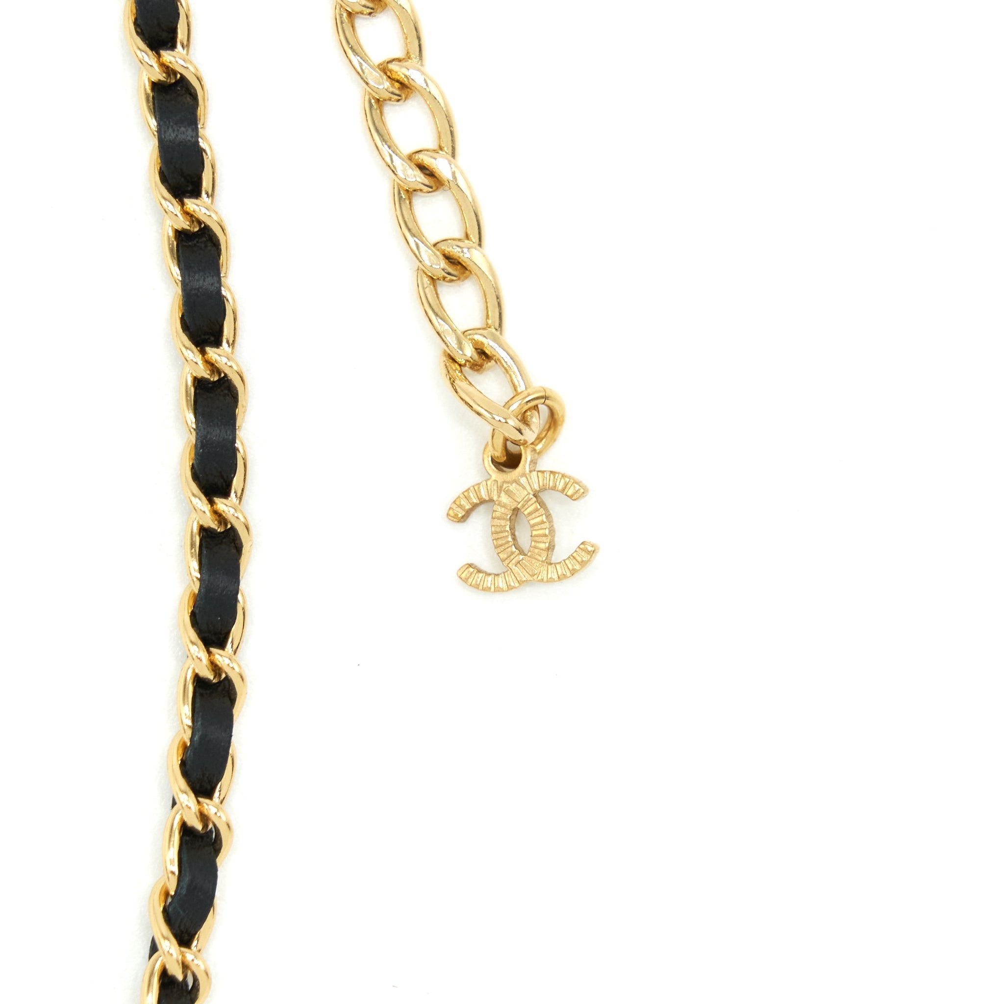 CHANEL LEATHER CHAIN NECKLACE BLACK WITH HEART CC PENDANT GHW