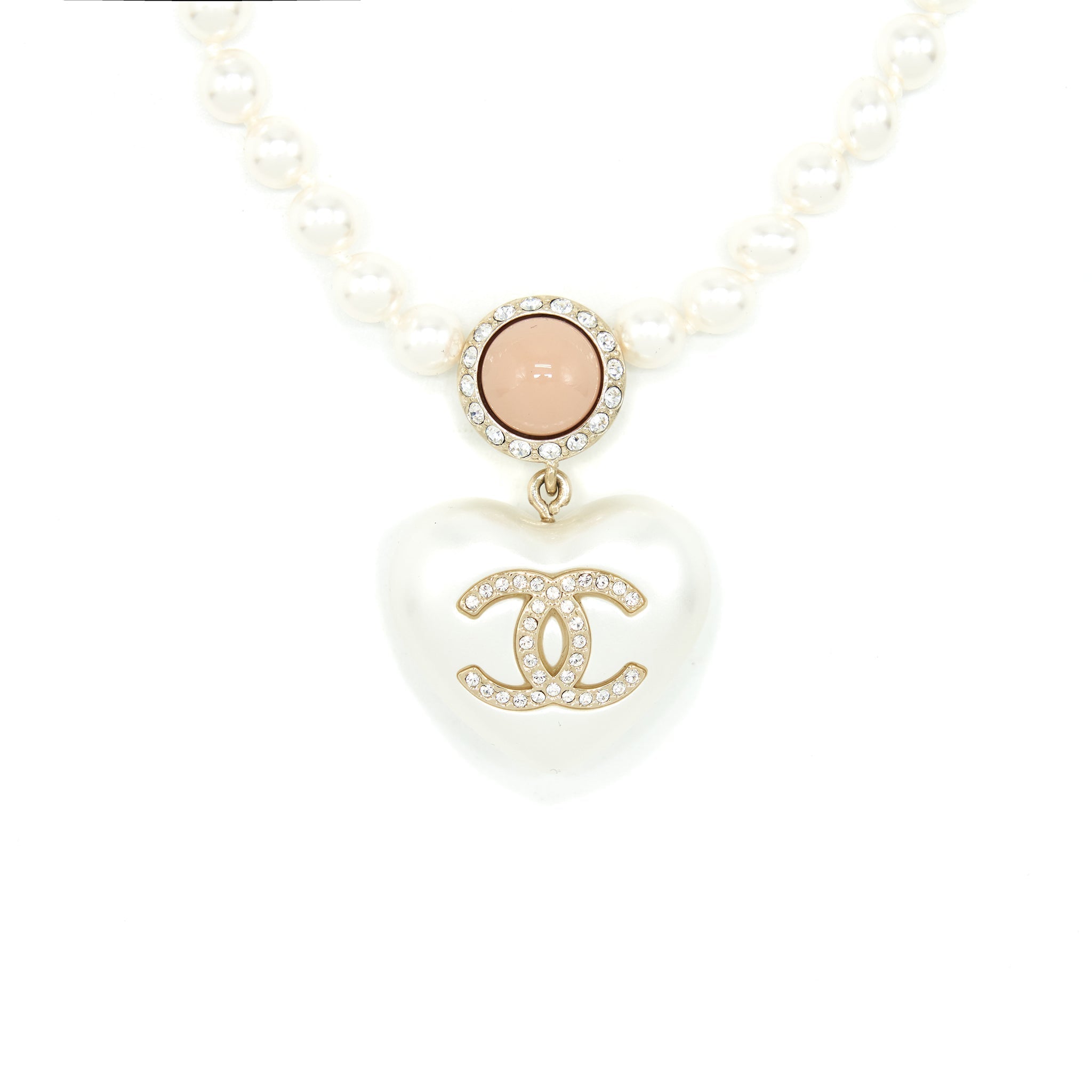 CHANEL PEARL NECKLACE WITH HEART PEARL CRYSTAL CC LOGO LGHW