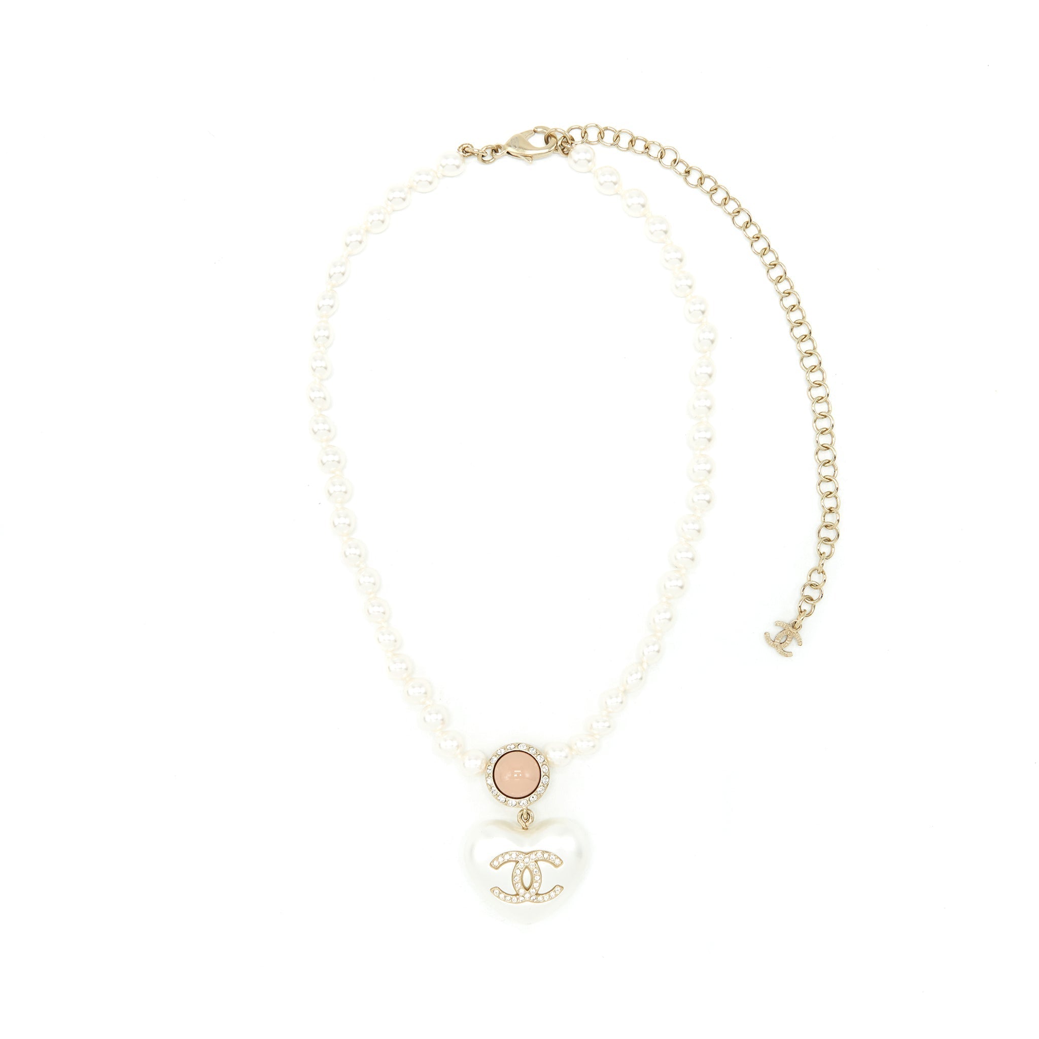 CHANEL PEARL NECKLACE WITH HEART PEARL CRYSTAL CC LOGO LGHW