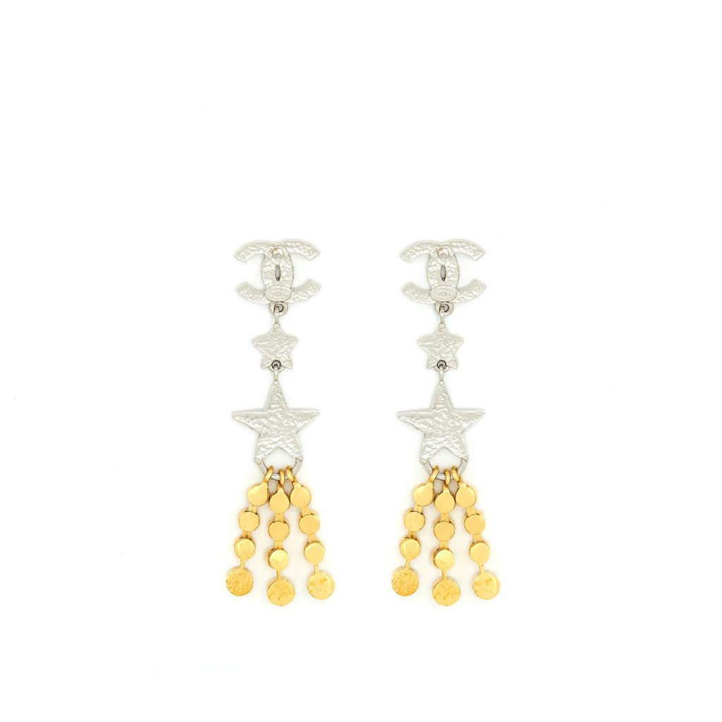 CHANEL CRYSTALS CC LOGO AND STARS DROP EARRINGS GOLD/SILVER HARDWARE