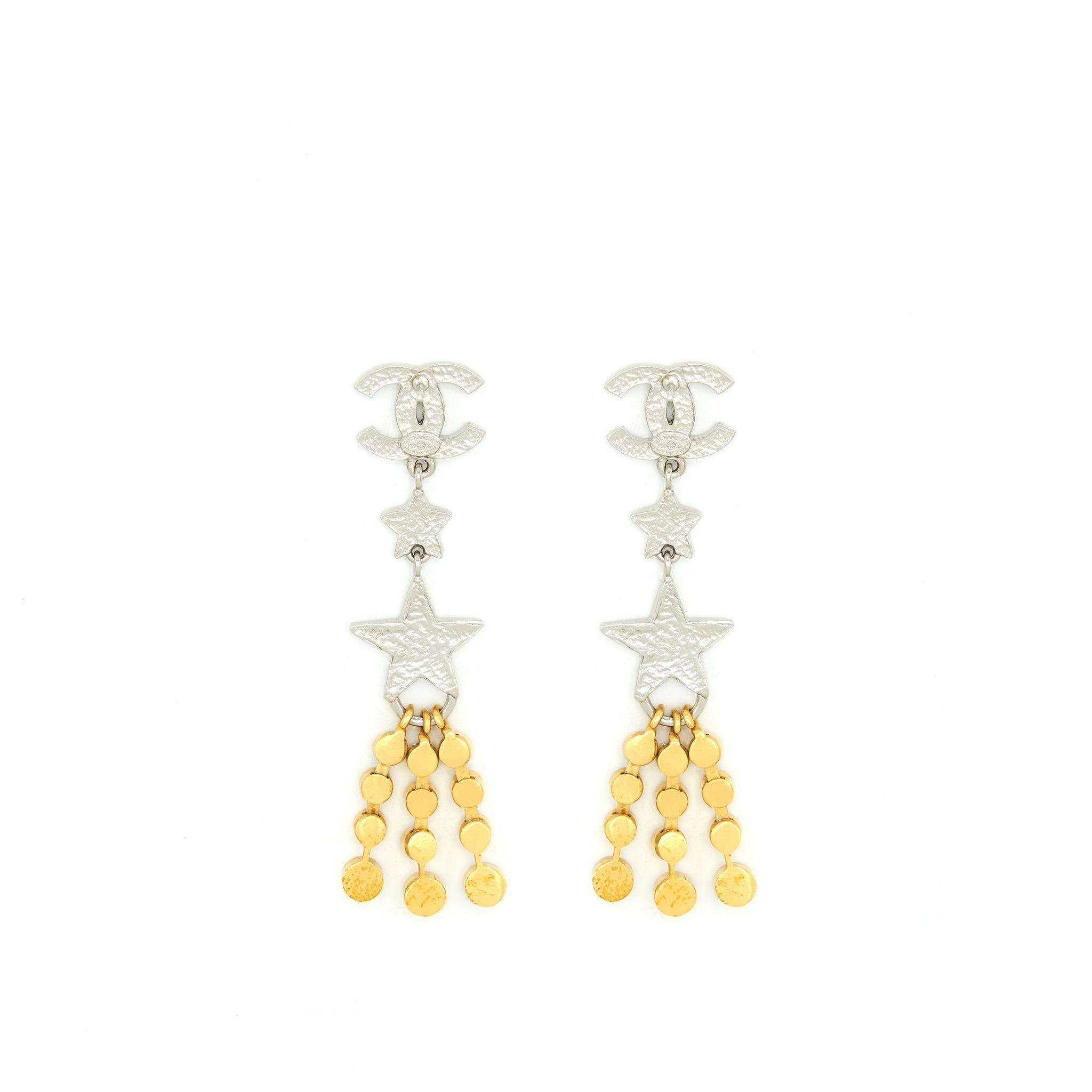 CHANEL CRYSTALS CC LOGO AND STARS DROP EARRINGS GOLD/SILVER HARDWARE