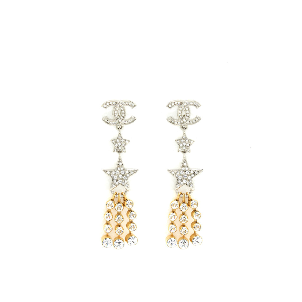 CHANEL CRYSTALS CC LOGO AND STARS DROP EARRINGS GOLD/SILVER HARDWARE