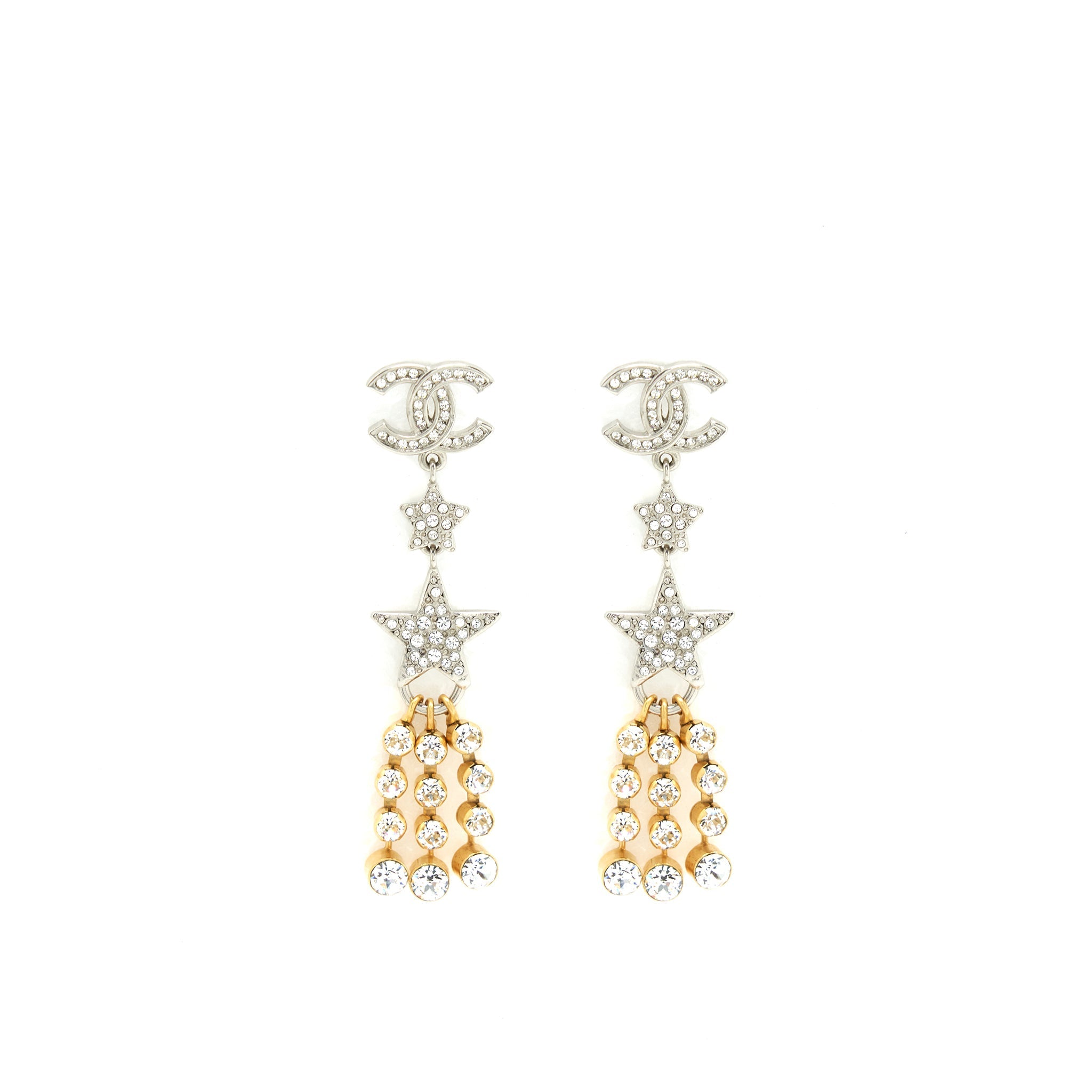 CHANEL CRYSTALS CC LOGO AND STARS DROP EARRINGS GOLD/SILVER HARDWARE