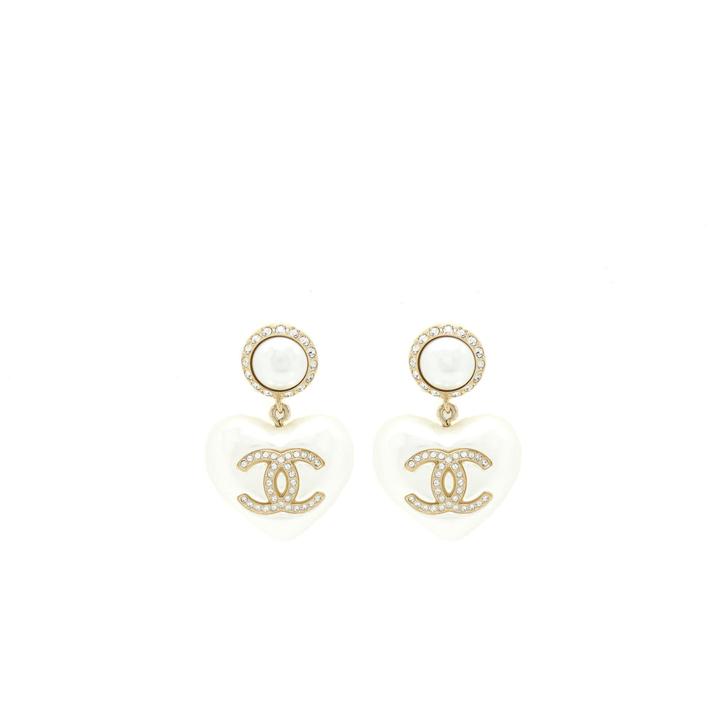 CHANEL HEART PEARL CRYSTALS CC LOGO EARRINGS LGHW