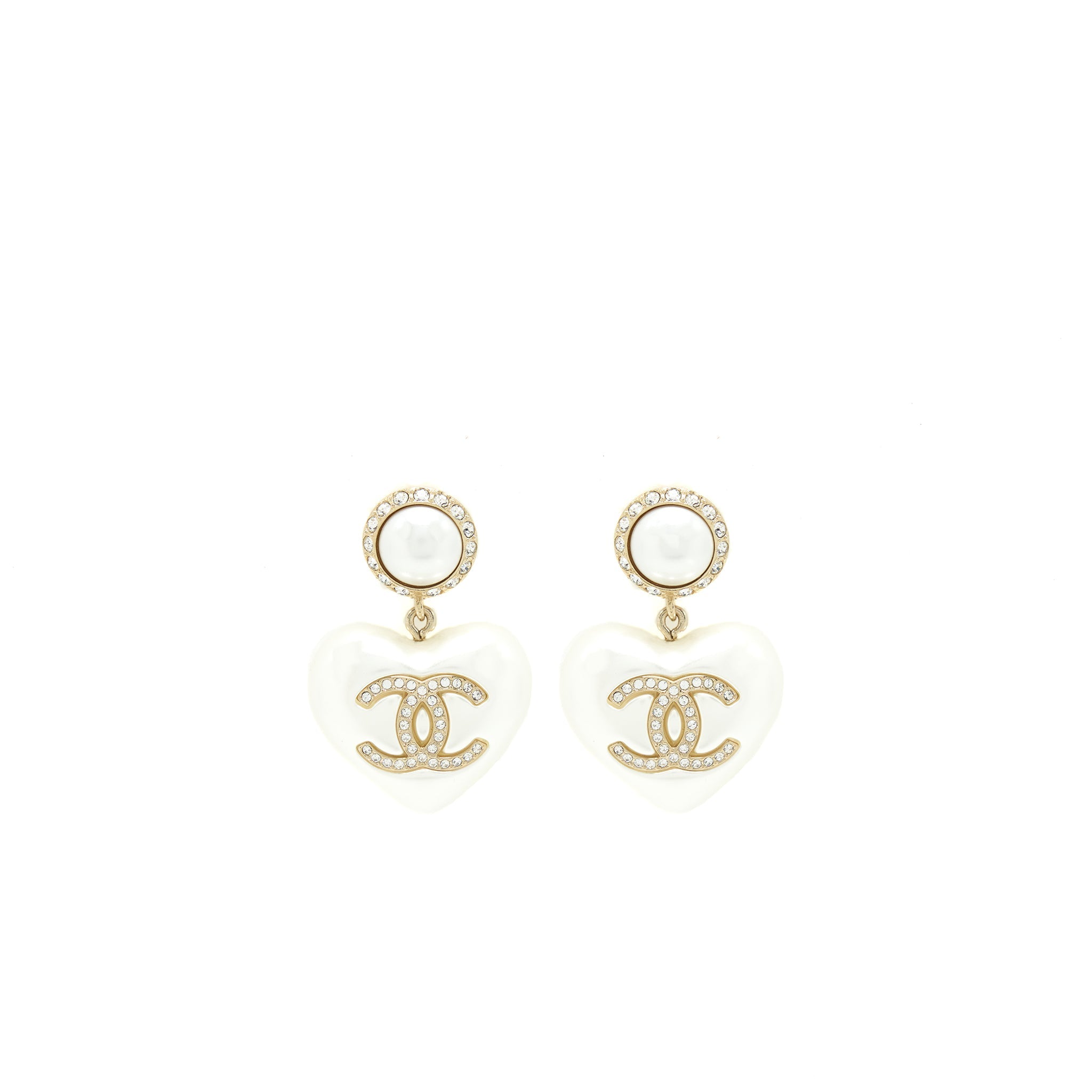 CHANEL HEART PEARL CRYSTALS CC LOGO EARRINGS LGHW