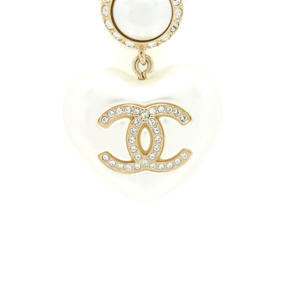 CHANEL HEART PEARL CRYSTALS CC LOGO EARRINGS LGHW