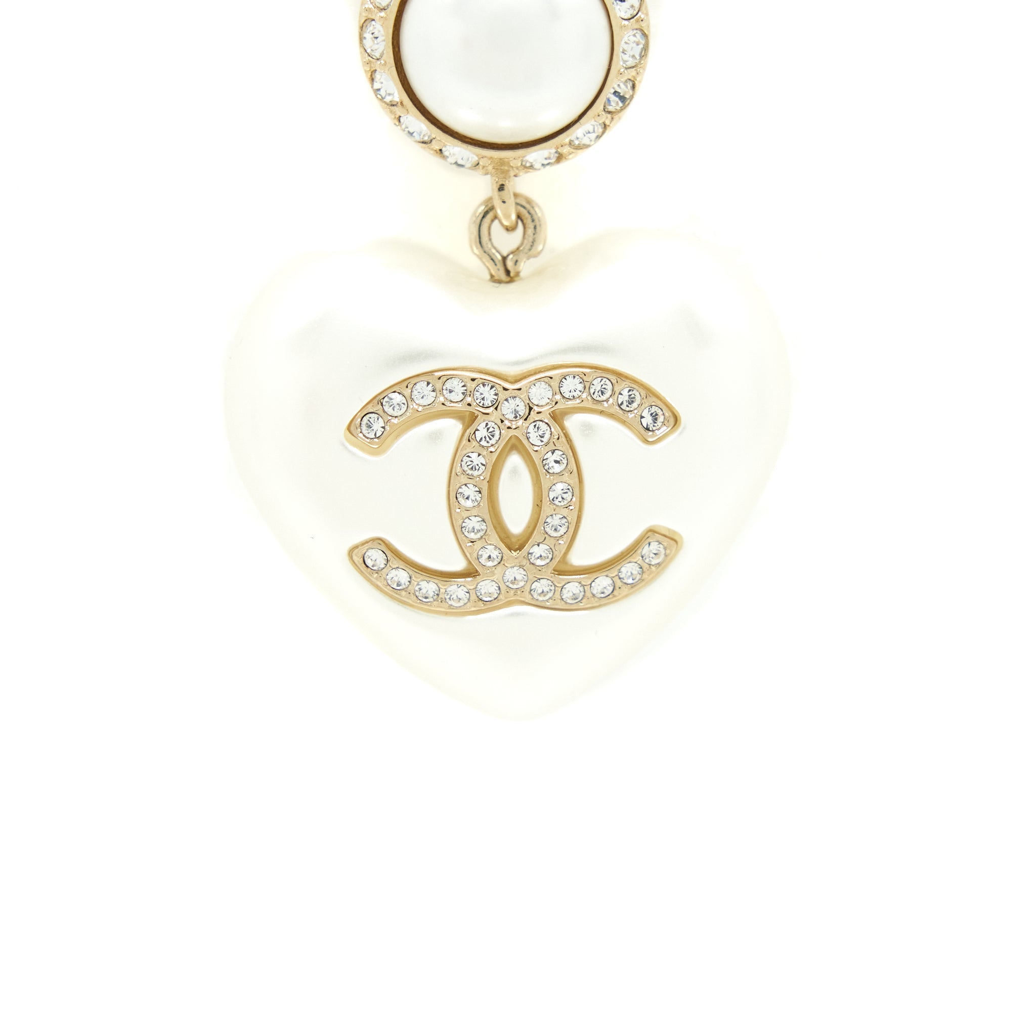 CHANEL HEART PEARL CRYSTALS CC LOGO EARRINGS LGHW