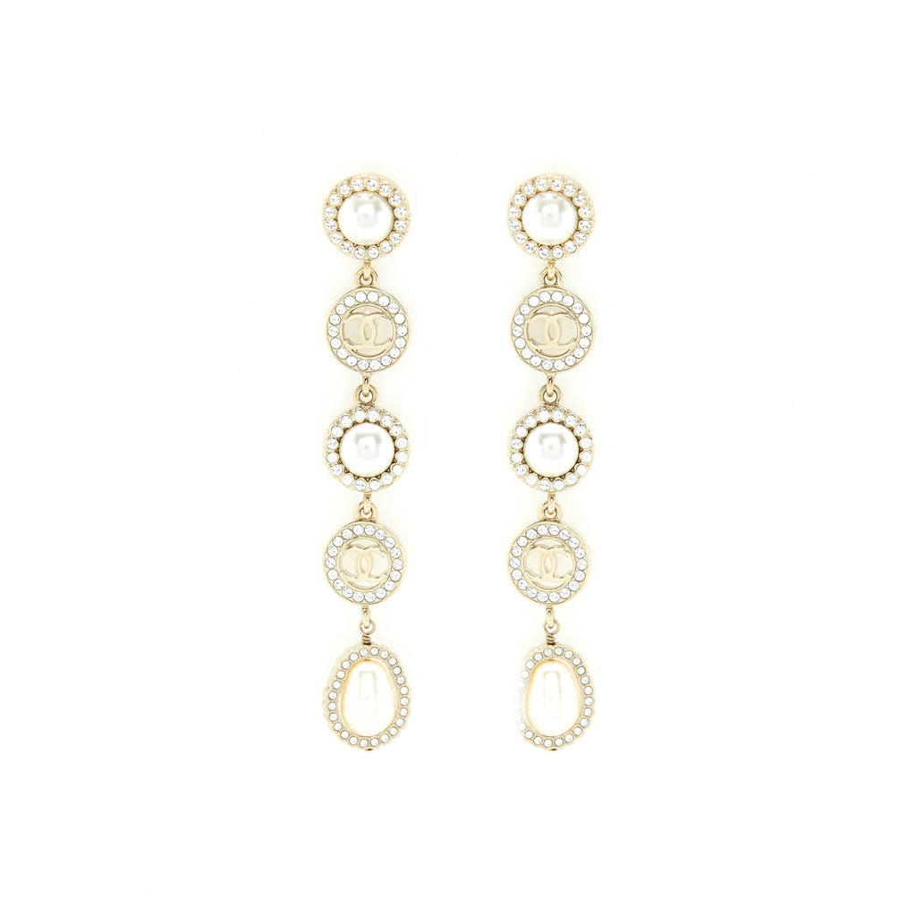 CHANEL CRYSTALS CC LOGO AND PEARLS ROUND DROP EARRINGS LGHW