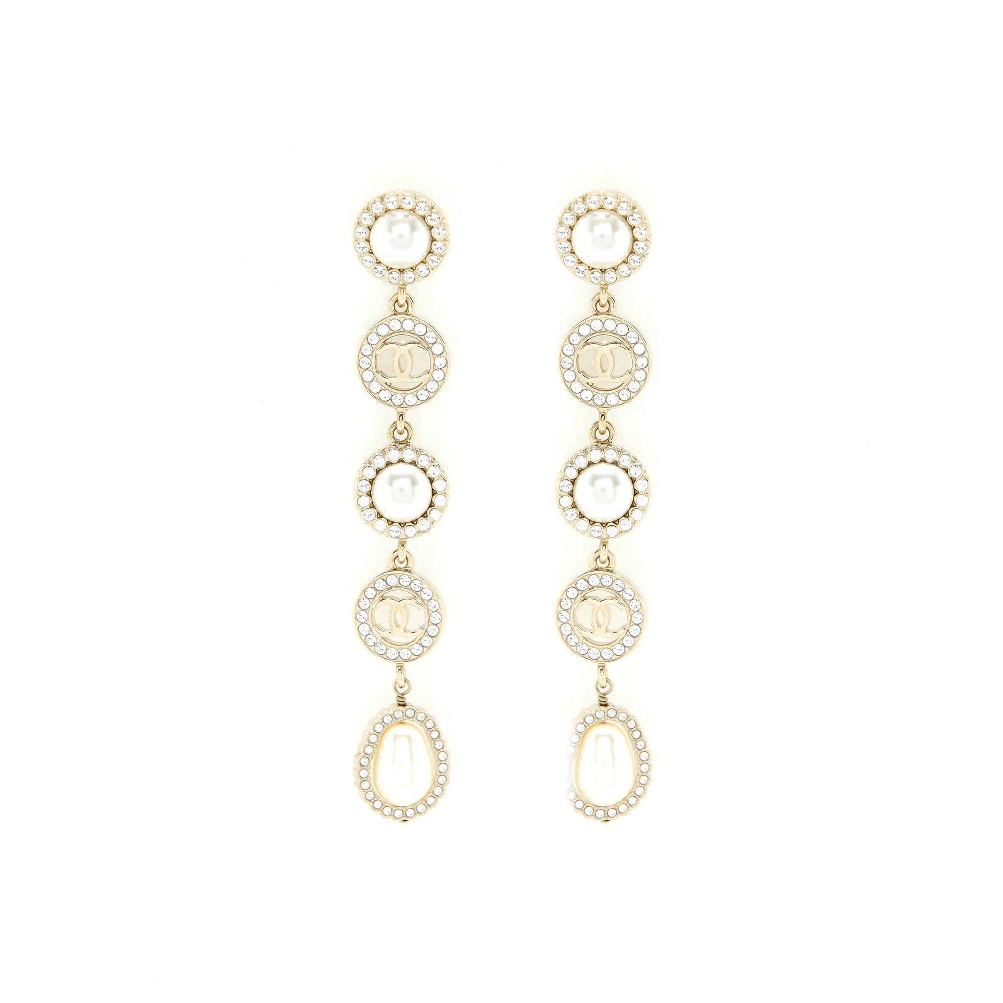 CHANEL CRYSTALS CC LOGO AND PEARLS ROUND DROP EARRINGS LGHW