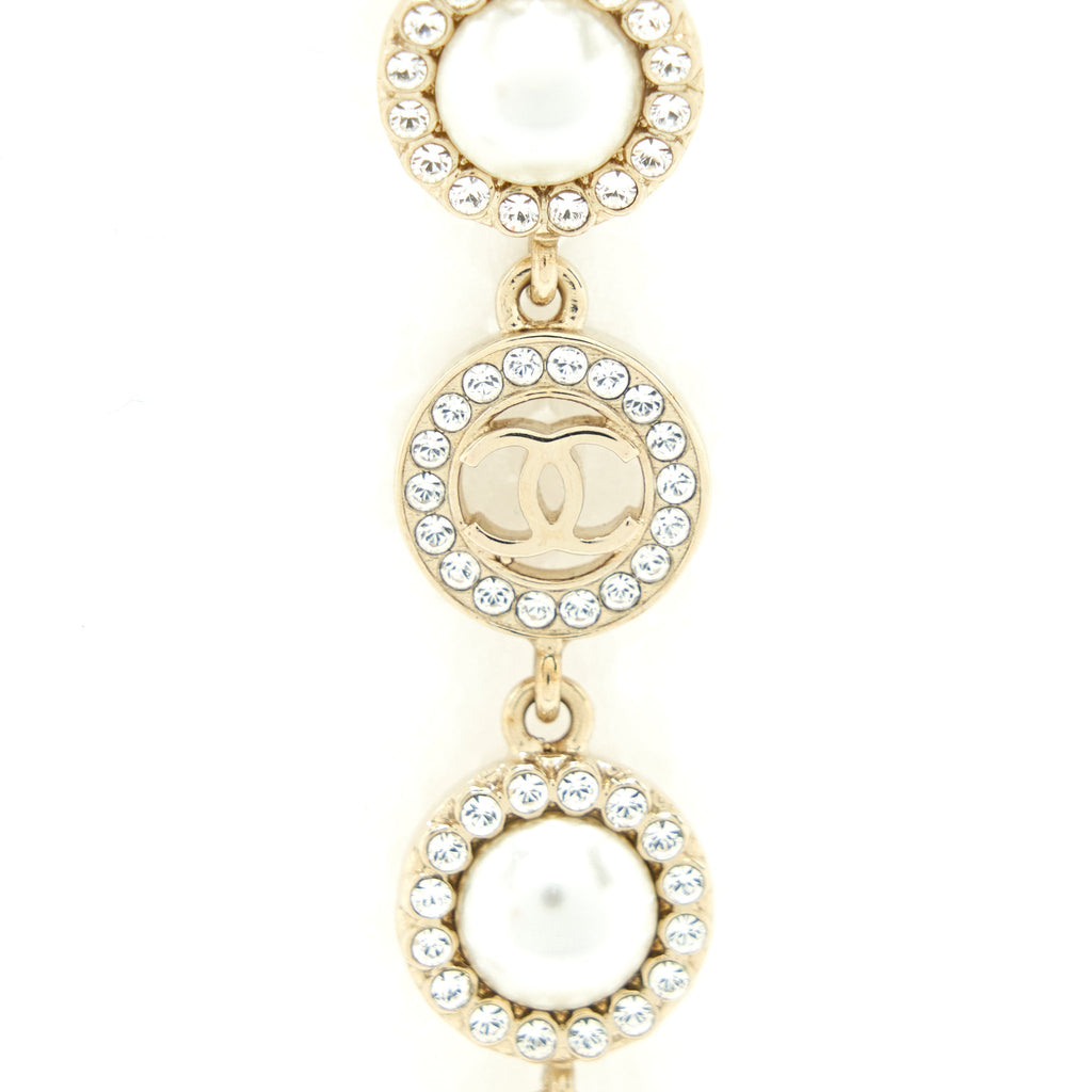 CHANEL CRYSTALS CC LOGO AND PEARLS ROUND DROP EARRINGS LGHW