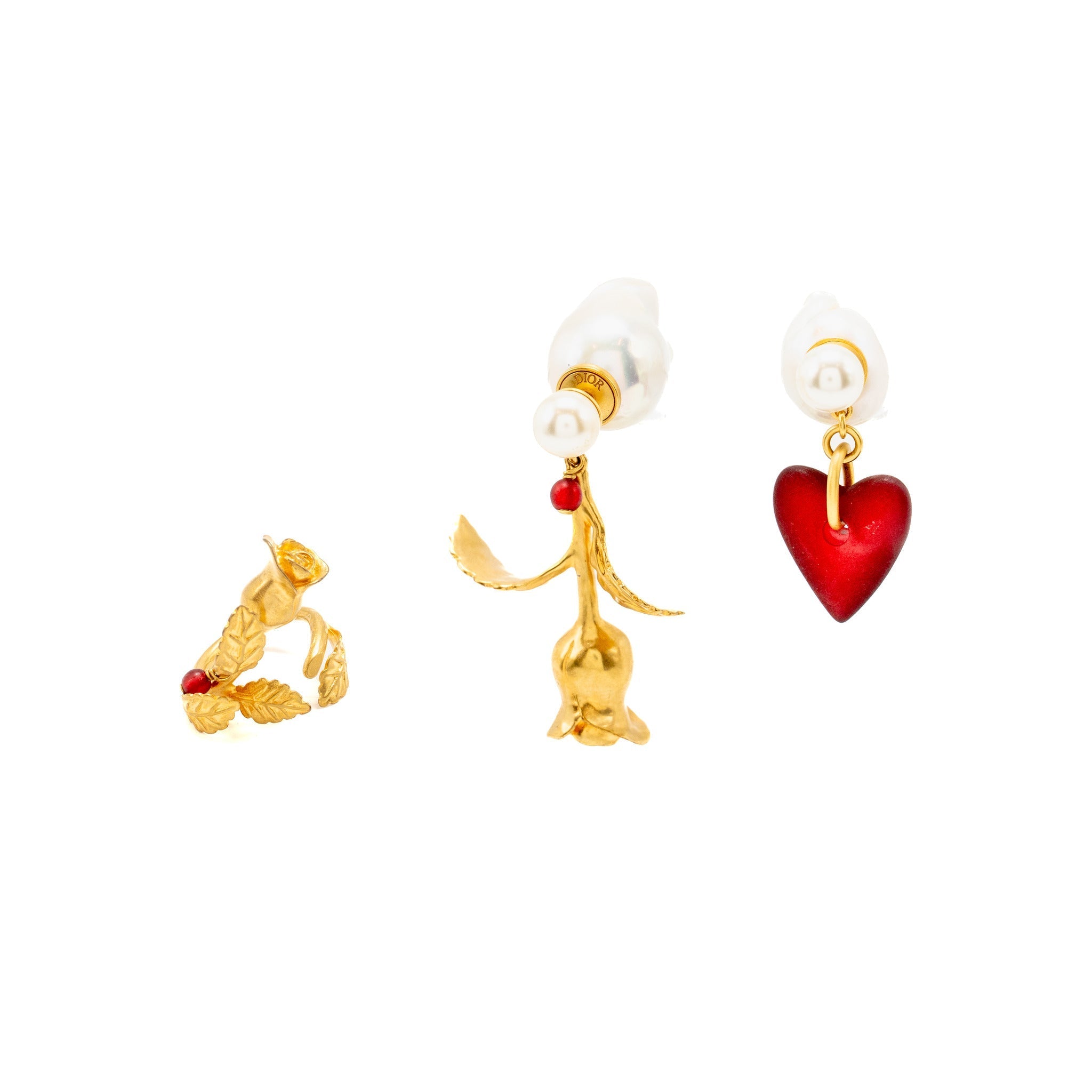 DIOR ROSE DROP PEARL EARRING, HEART DROP PEARL EARRING ROSE RING, GOLD TONE (SELL IN SET)