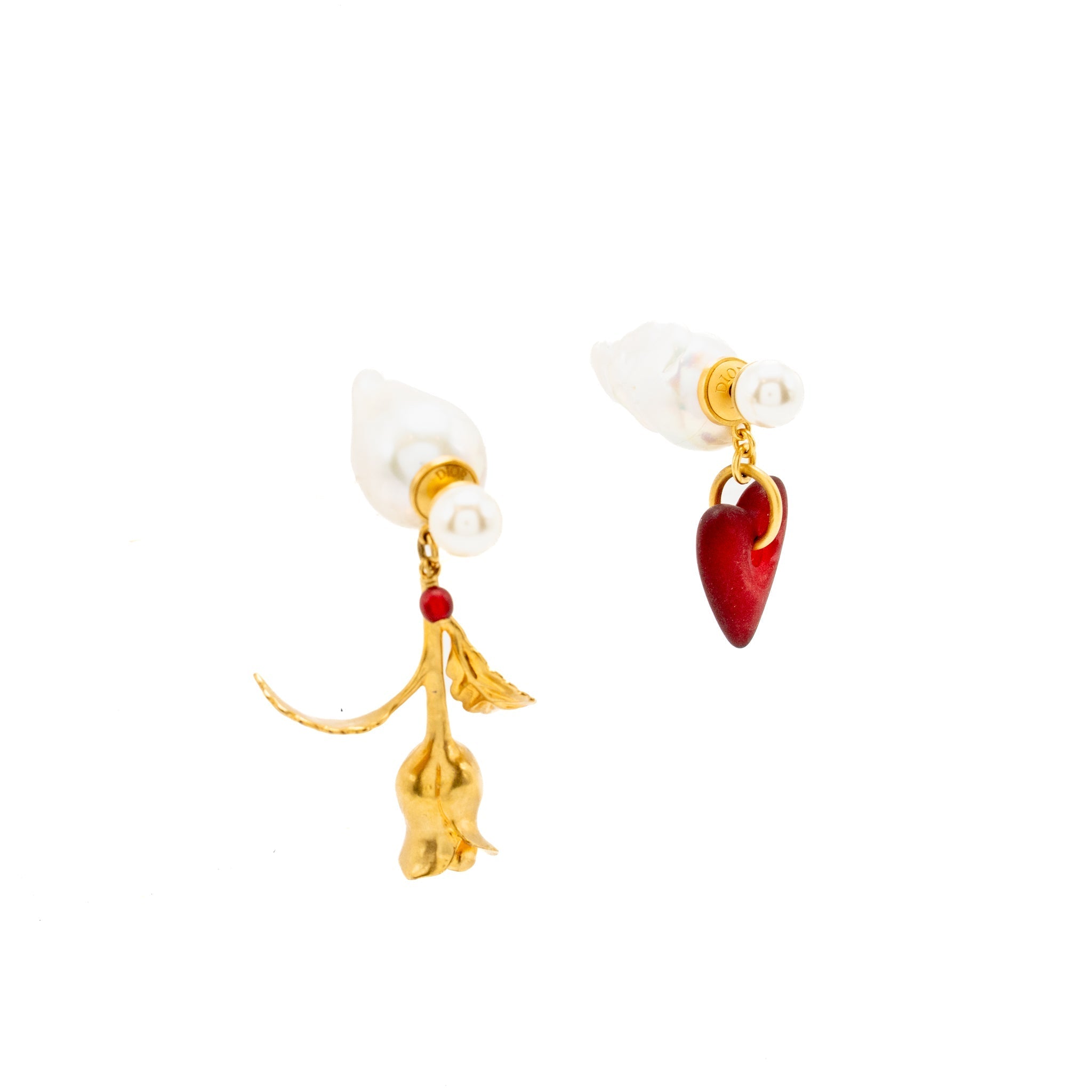DIOR ROSE DROP PEARL EARRING, HEART DROP PEARL EARRING ROSE RING, GOLD TONE (SELL IN SET)