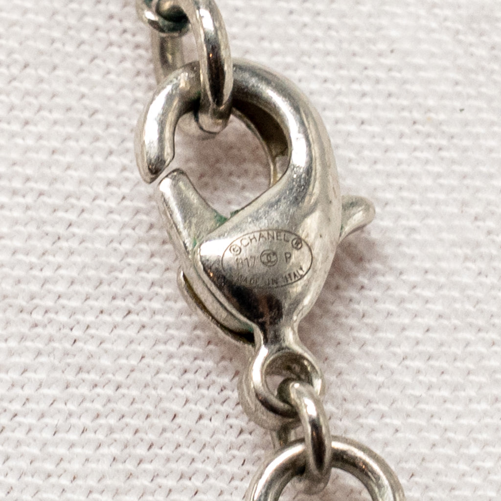 CHANEL BOW/CC LOGO DROP NECKLACE WITH CRYSTAL SILVER TONE