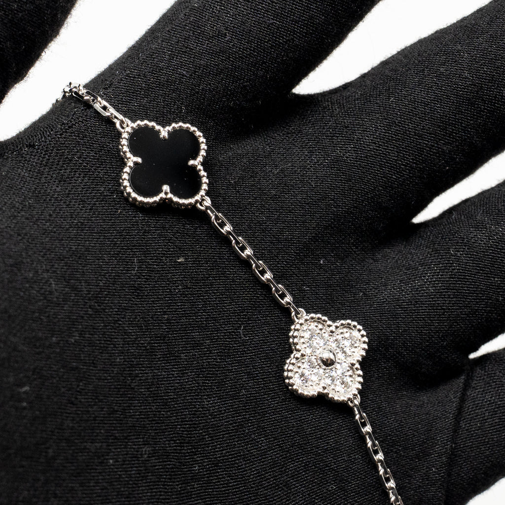 VAN CLEEF & ARPELS VINTAGE ALHAMBRA BRACELET 5 MOTIFS WHITE GOLD/DIAMONDS/ONYX