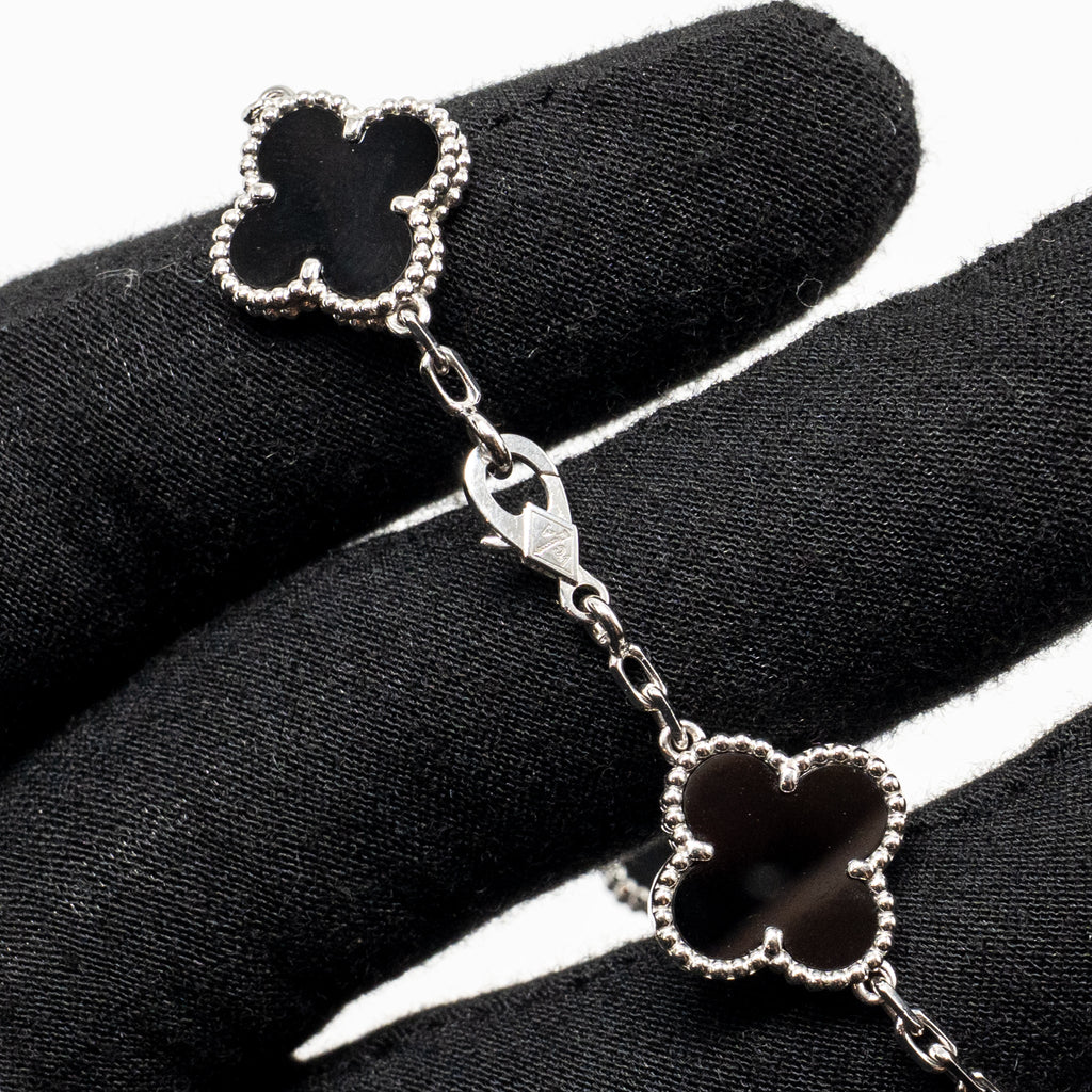 VAN CLEEF & ARPELS VINTAGE ALHAMBRA BRACELET 5 MOTIFS WHITE GOLD/DIAMONDS/ONYX