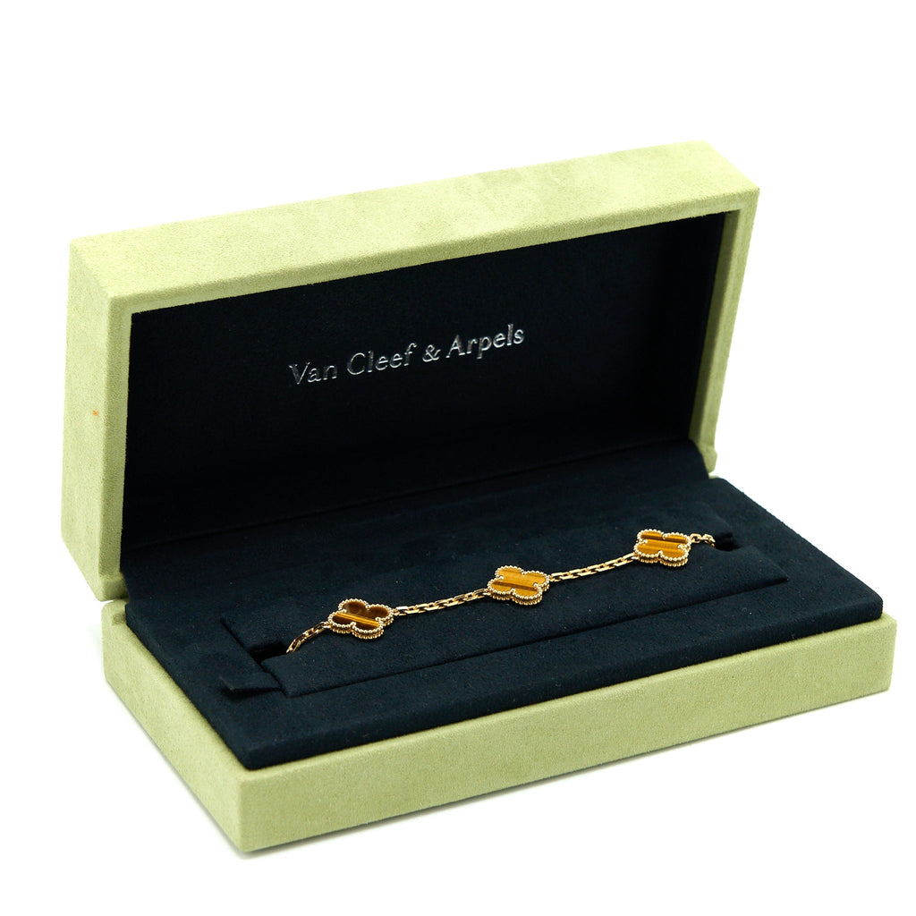 VAN CLEEF & ARPELS ALHAMBRA 5 MOTIFS BRACELET TIGER EYE YELLOW GOLD