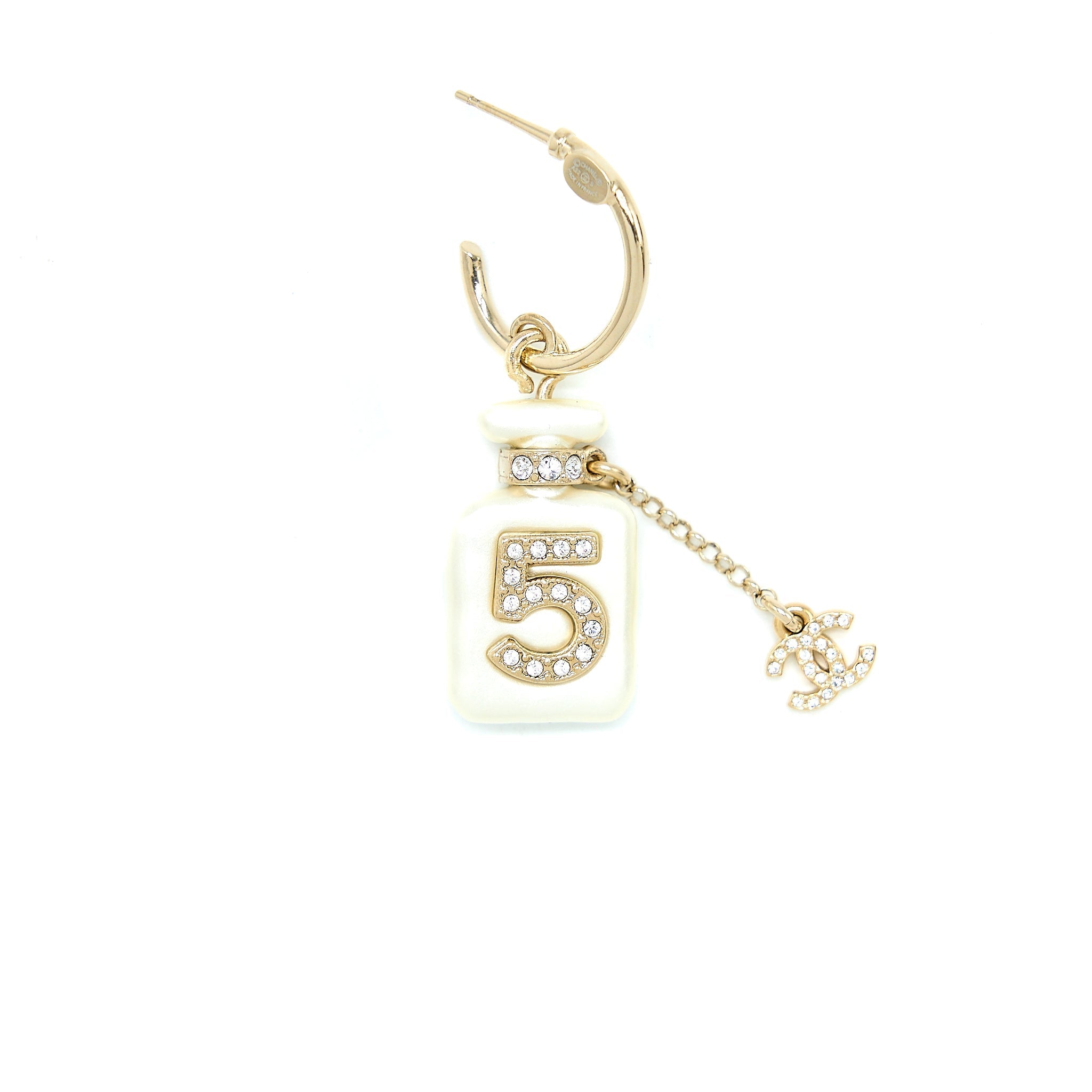 CHANEL NO.5 PERFUME BOTTLE EARRINGS LIGHT GOLD TONE
