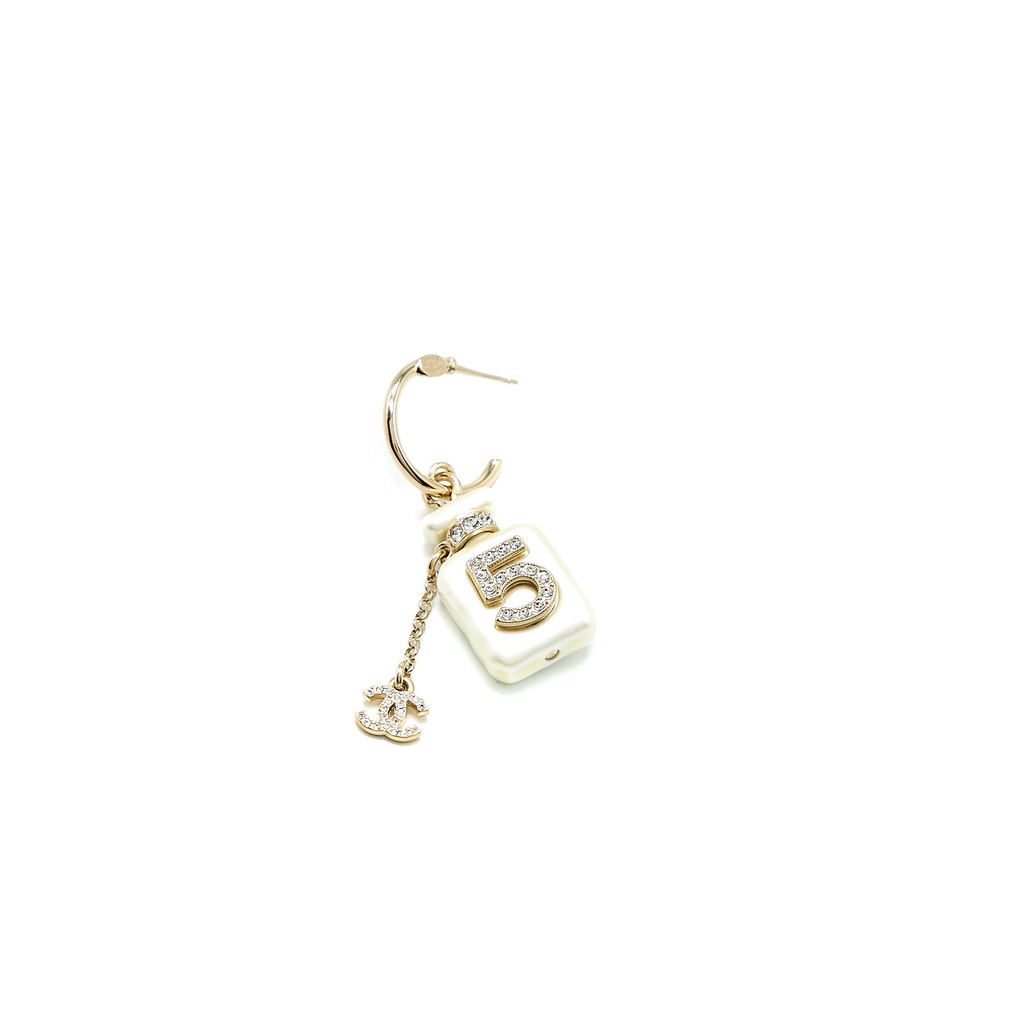 CHANEL NO.5 PERFUME BOTTLE EARRINGS LIGHT GOLD TONE