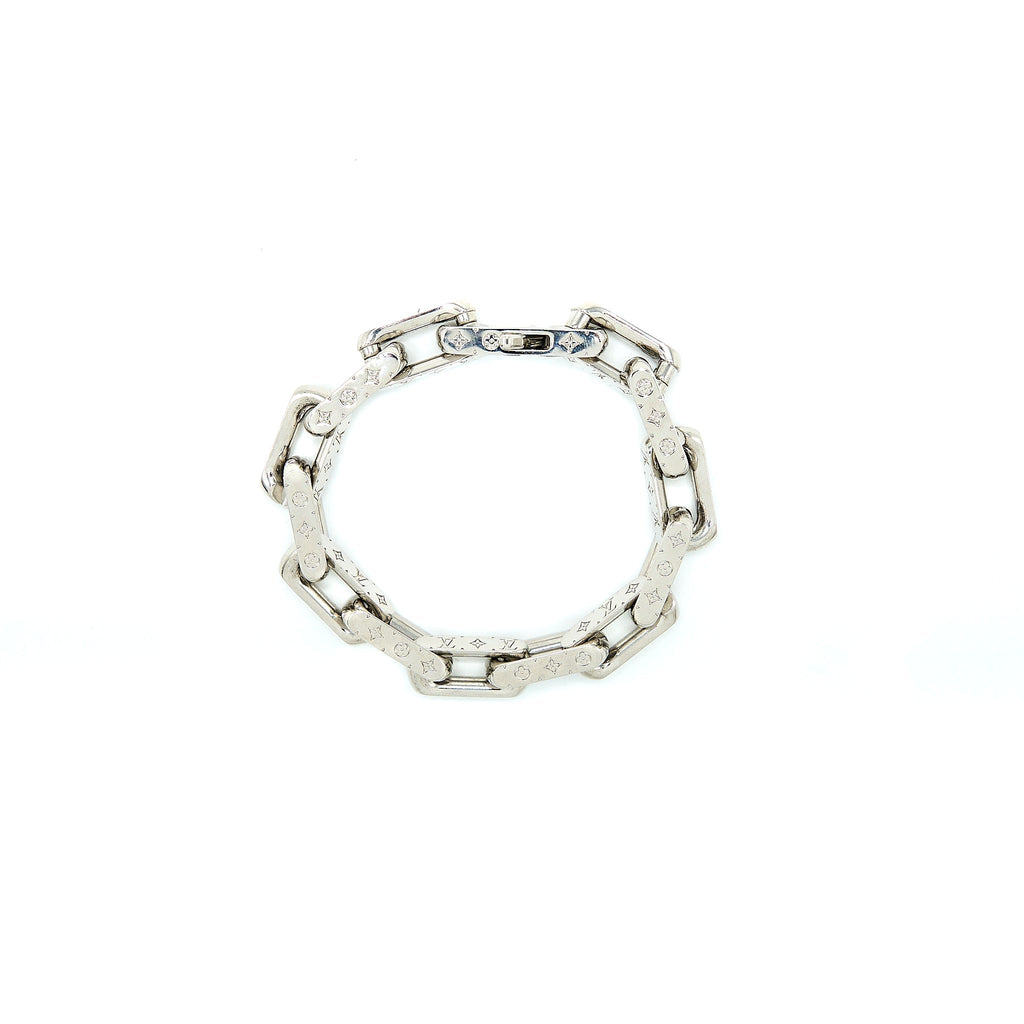 LOUIS VUITTON CHAIN BRACELET ENGRAVED MONOGRAM SILVER TONE