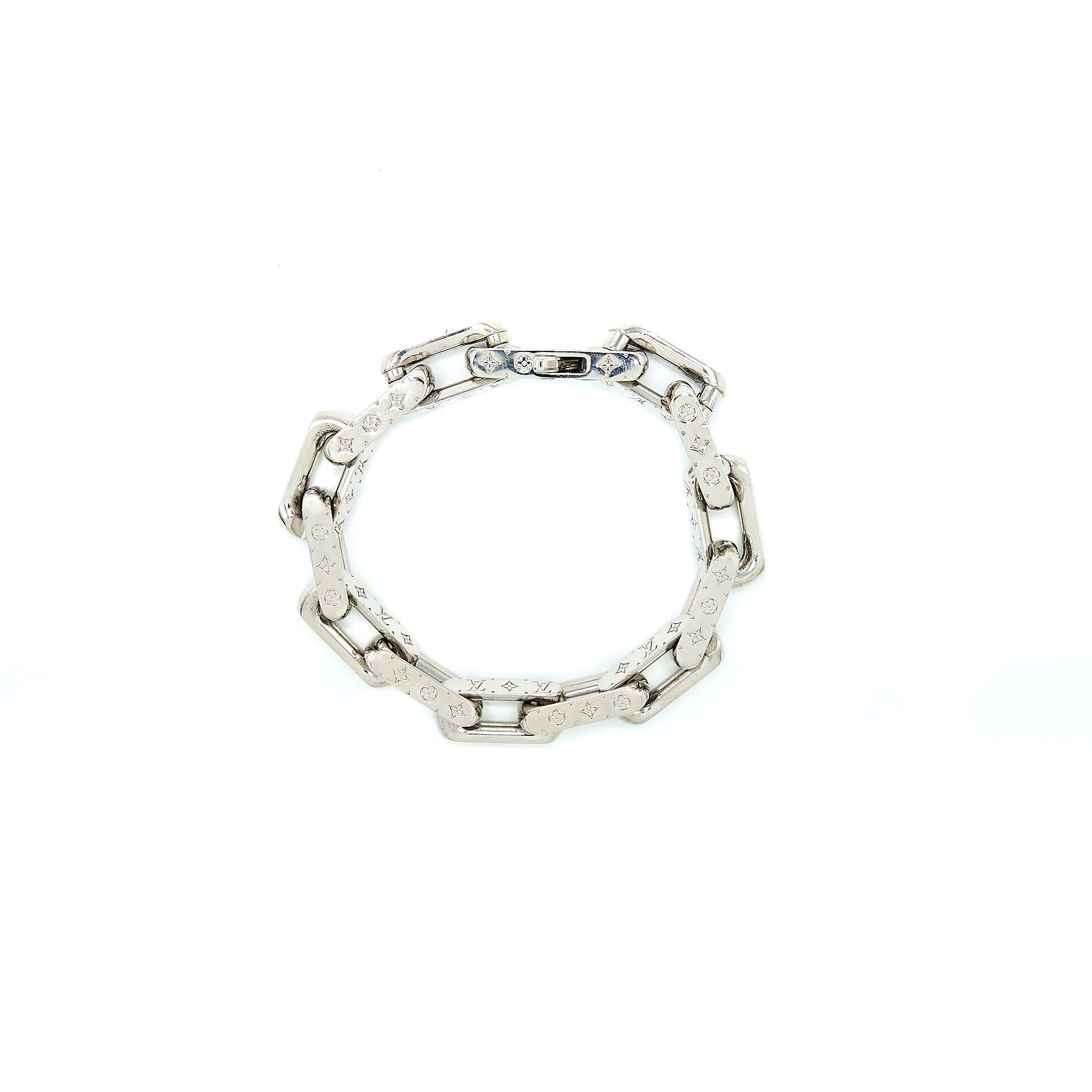 LOUIS VUITTON CHAIN BRACELET ENGRAVED MONOGRAM SILVER TONE