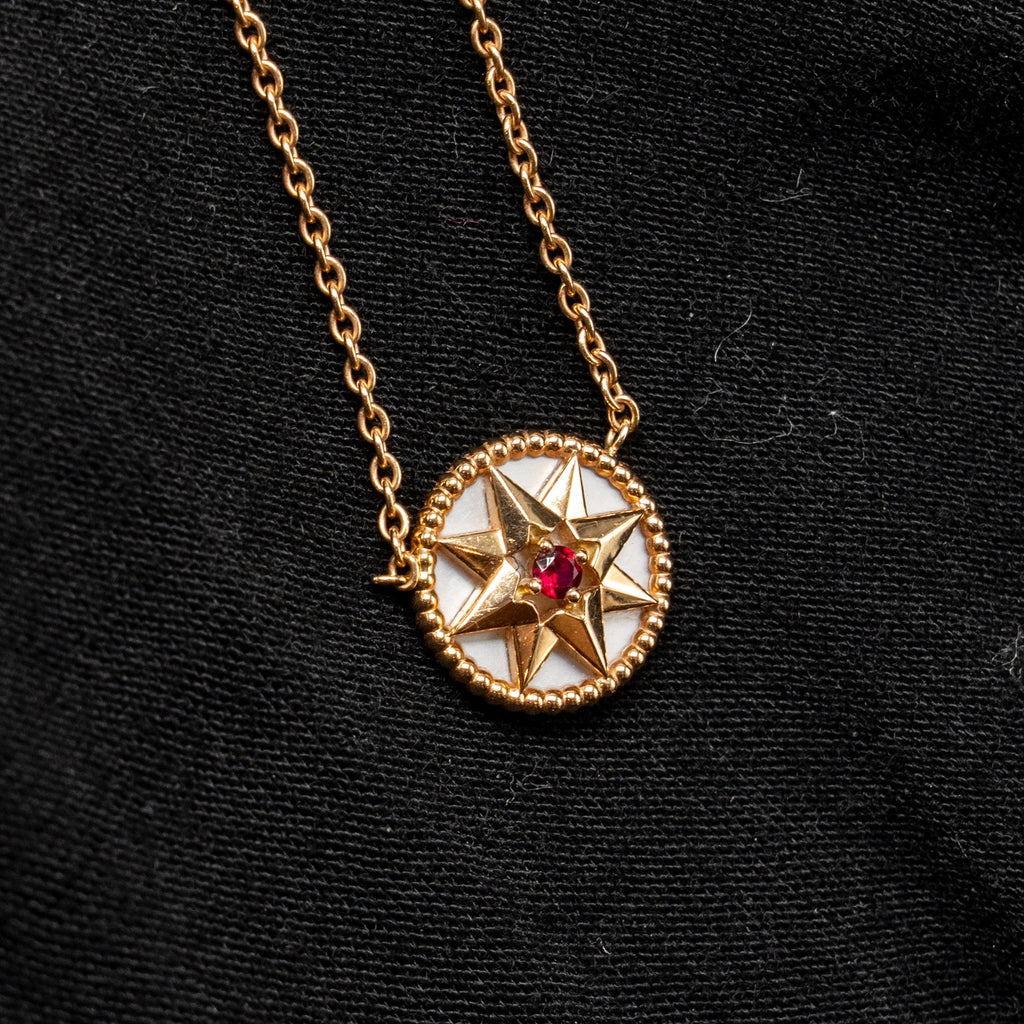 DIOR ROSE DES VENTS NECKLACE MOTHER OF PEARL/RUBY ROSE GOLD