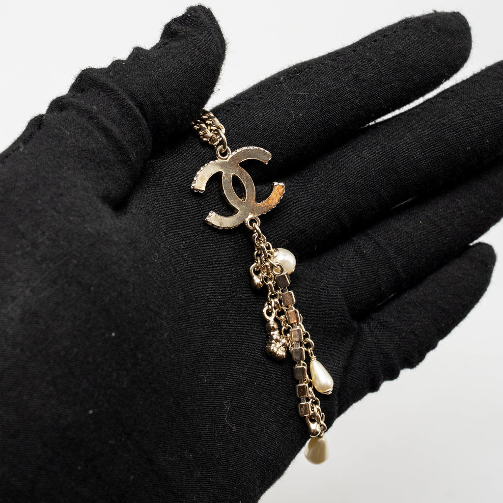 CHANEL PEARL AND CRYSTAL DROP CC NECKLACE MULTICOLOUR STONES LIGHT GOLD TONE