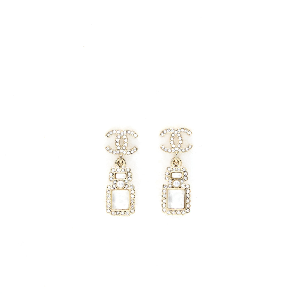 CHANEL CRYSTAL AND STUD CC PERFUME DROP EARRING LGHW