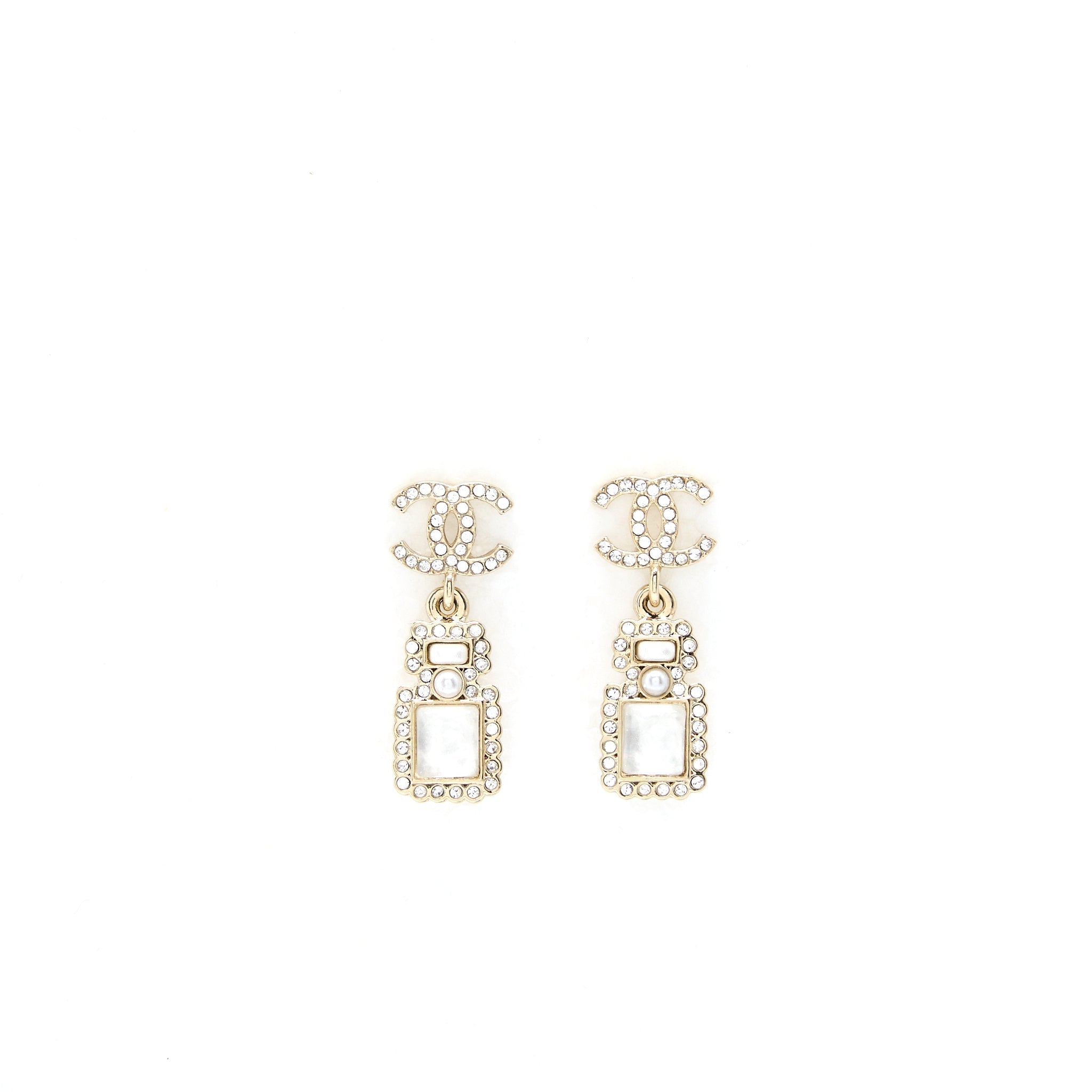 CHANEL CRYSTAL AND STUD CC PERFUME DROP EARRING LGHW