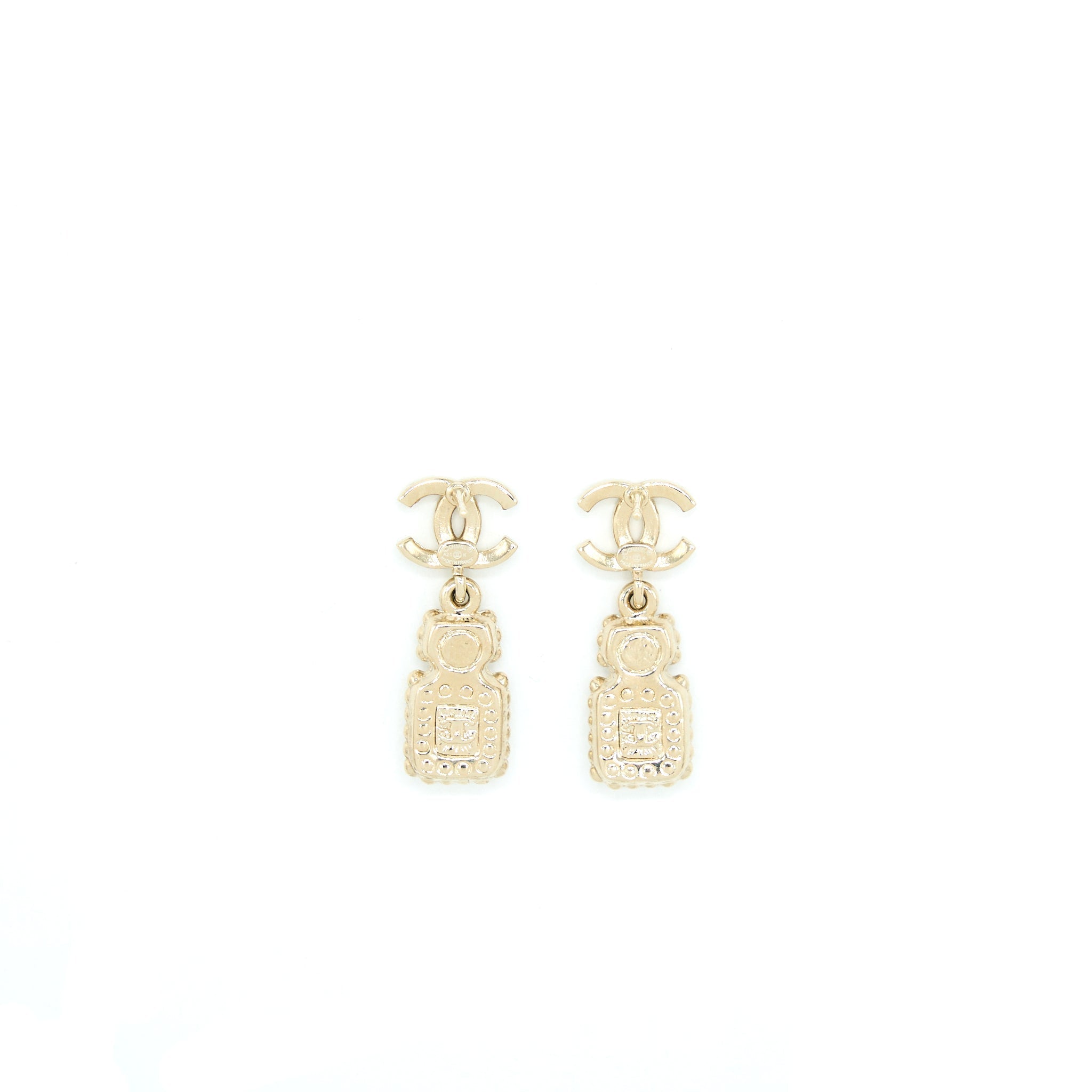 CHANEL CRYSTAL AND STUD CC PERFUME DROP EARRING LGHW