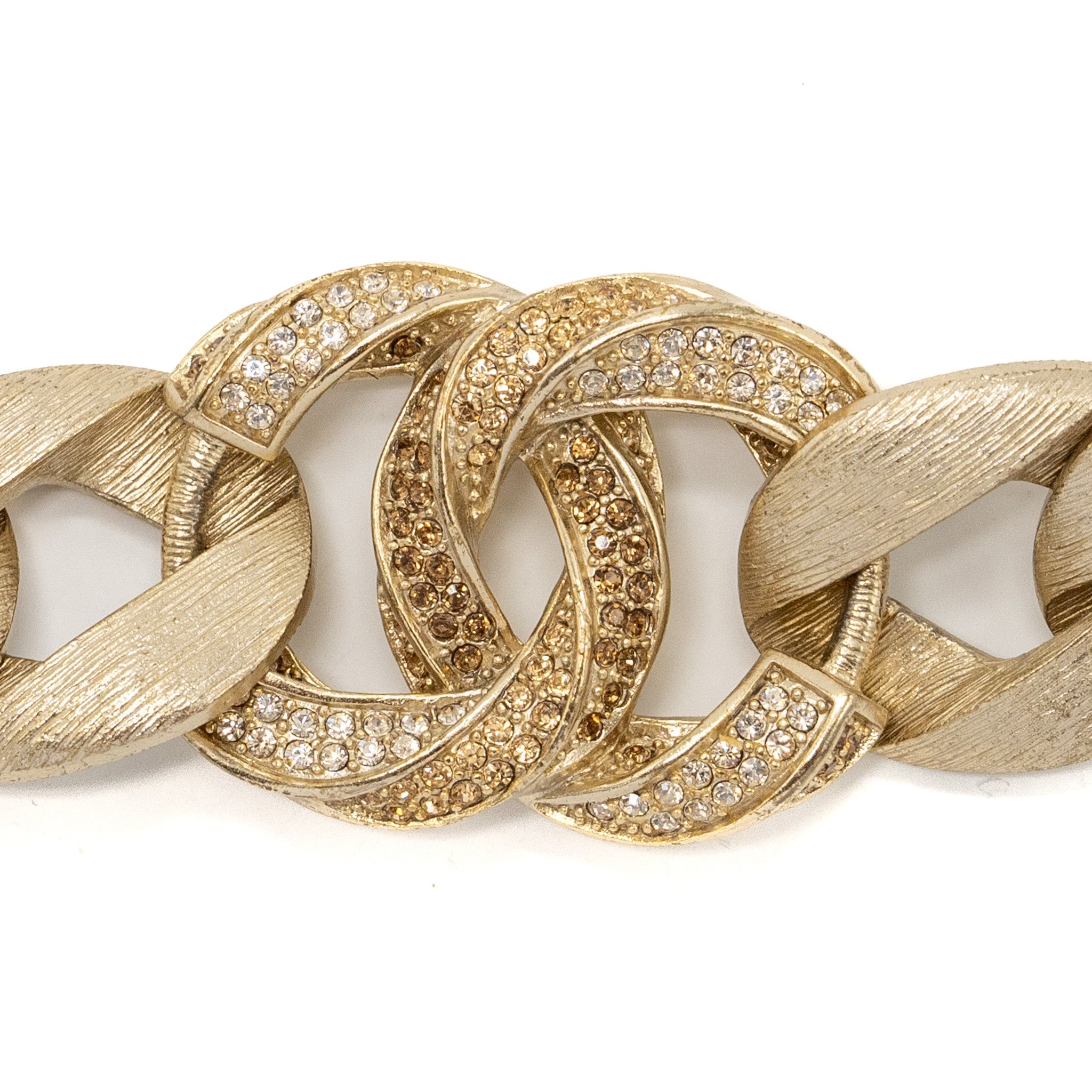 CHANEL GIANT CC LOGO CHAIN BRACELET WITH CRYSTAL LIGHT TONE