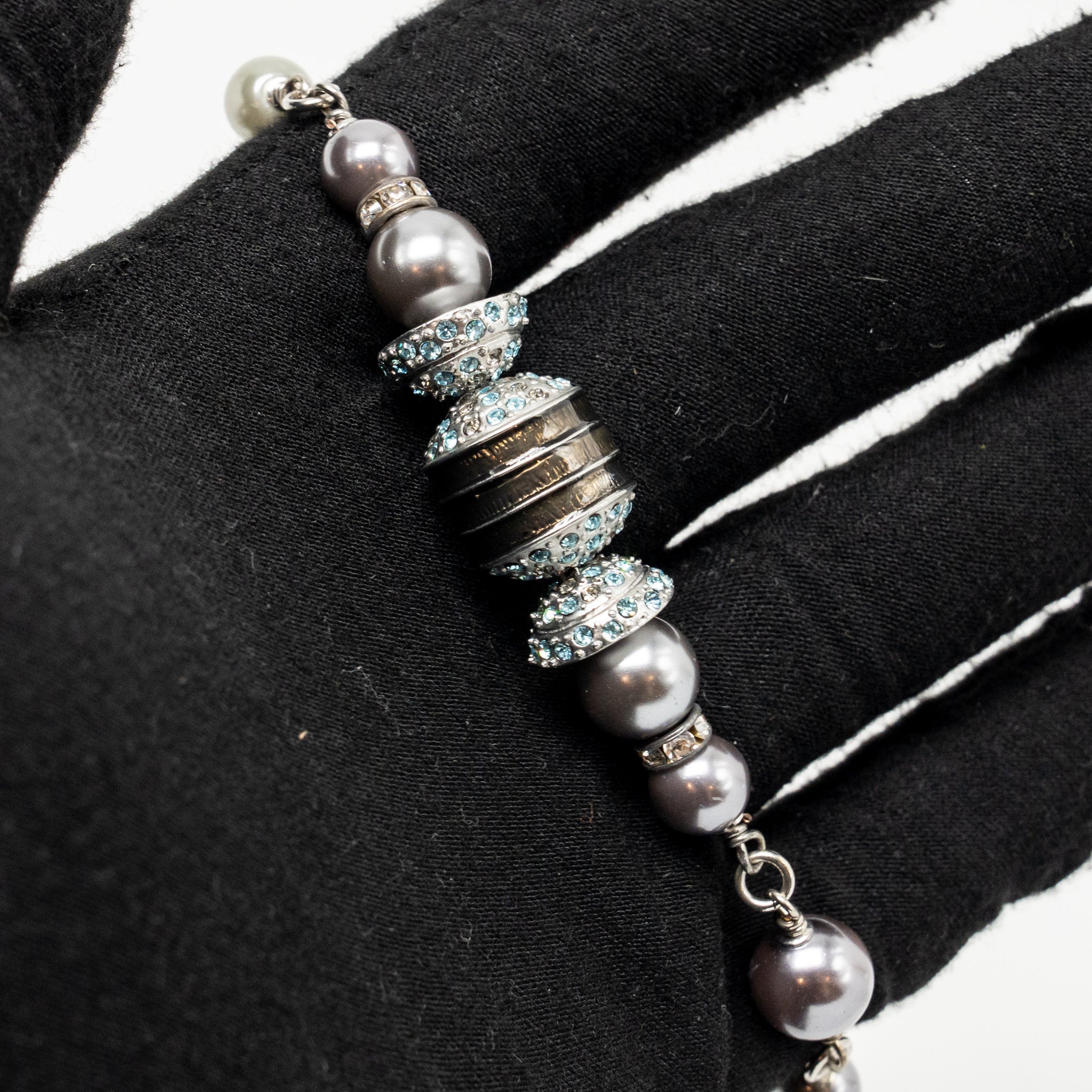 CHANEL CRYSTAL/PEARL CC LOGO LONG NECKLACE SILVER TONE