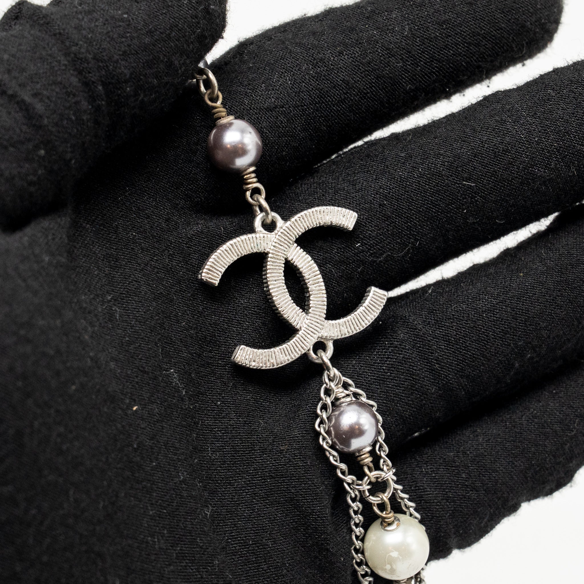 CHANEL CRYSTAL/PEARL CC LOGO LONG NECKLACE SILVER TONE