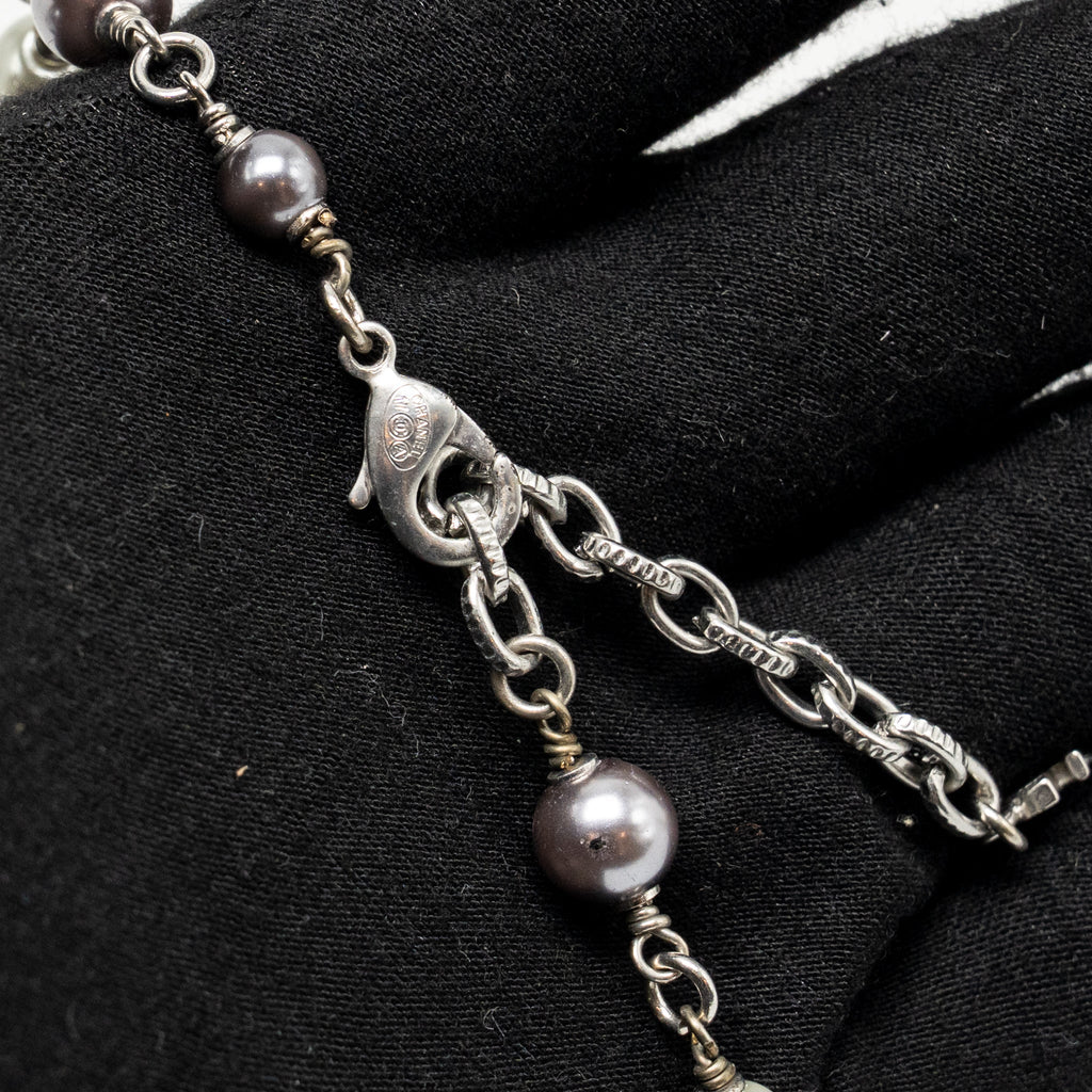 CHANEL CRYSTAL/PEARL CC LOGO LONG NECKLACE SILVER TONE