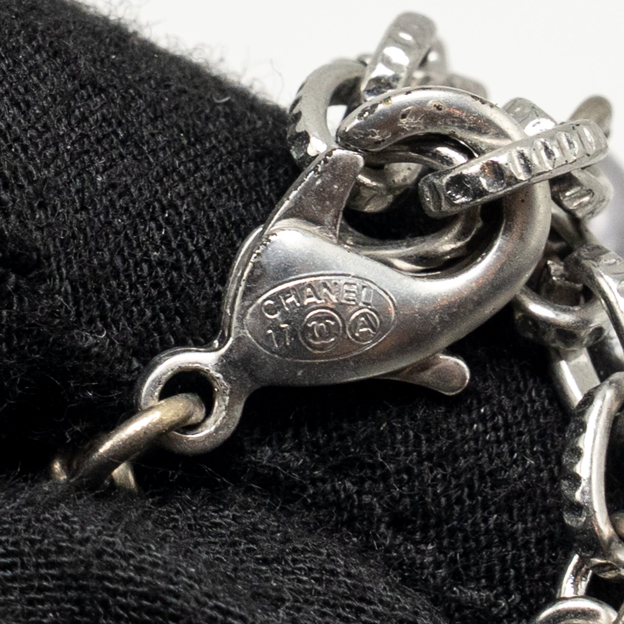 CHANEL CRYSTAL/PEARL CC LOGO LONG NECKLACE SILVER TONE