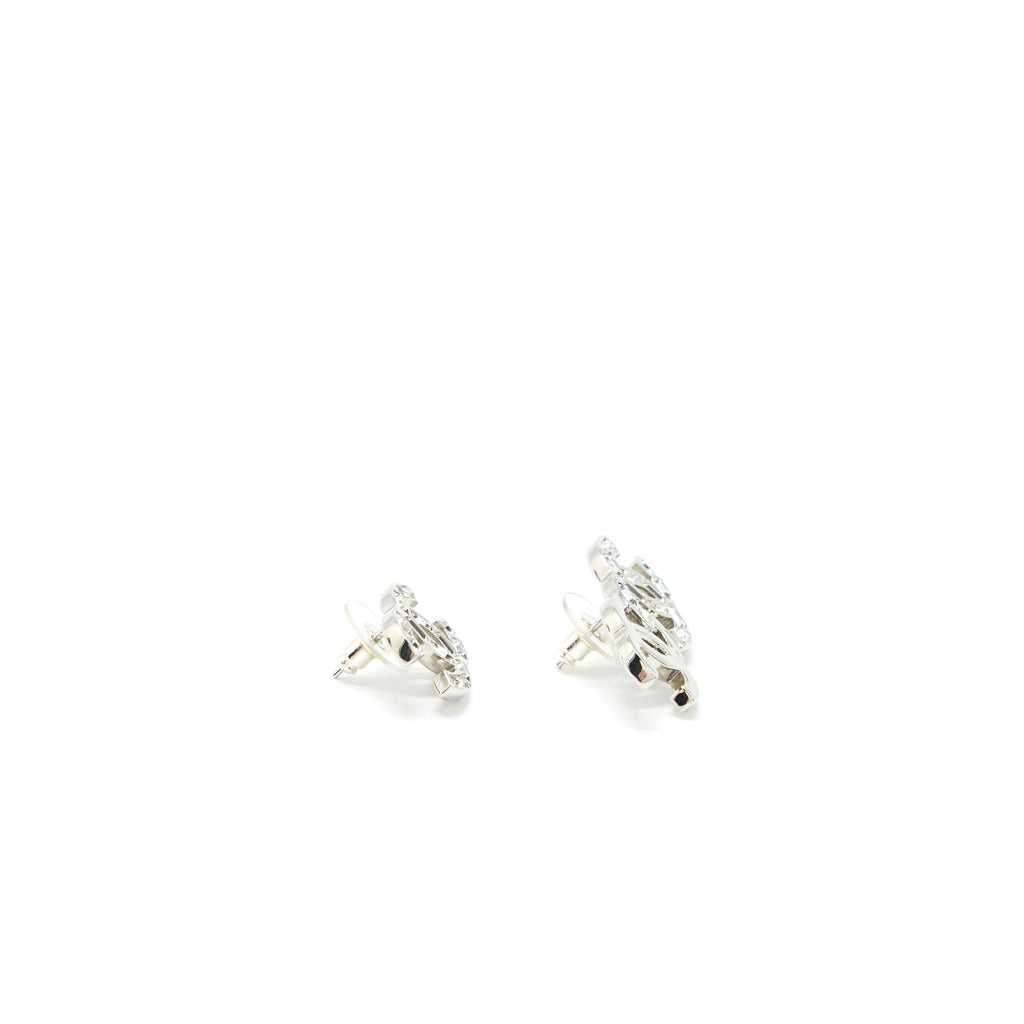 CHANEL CC LOGO EARRING WITH CRYSTAL SLIVER TONE