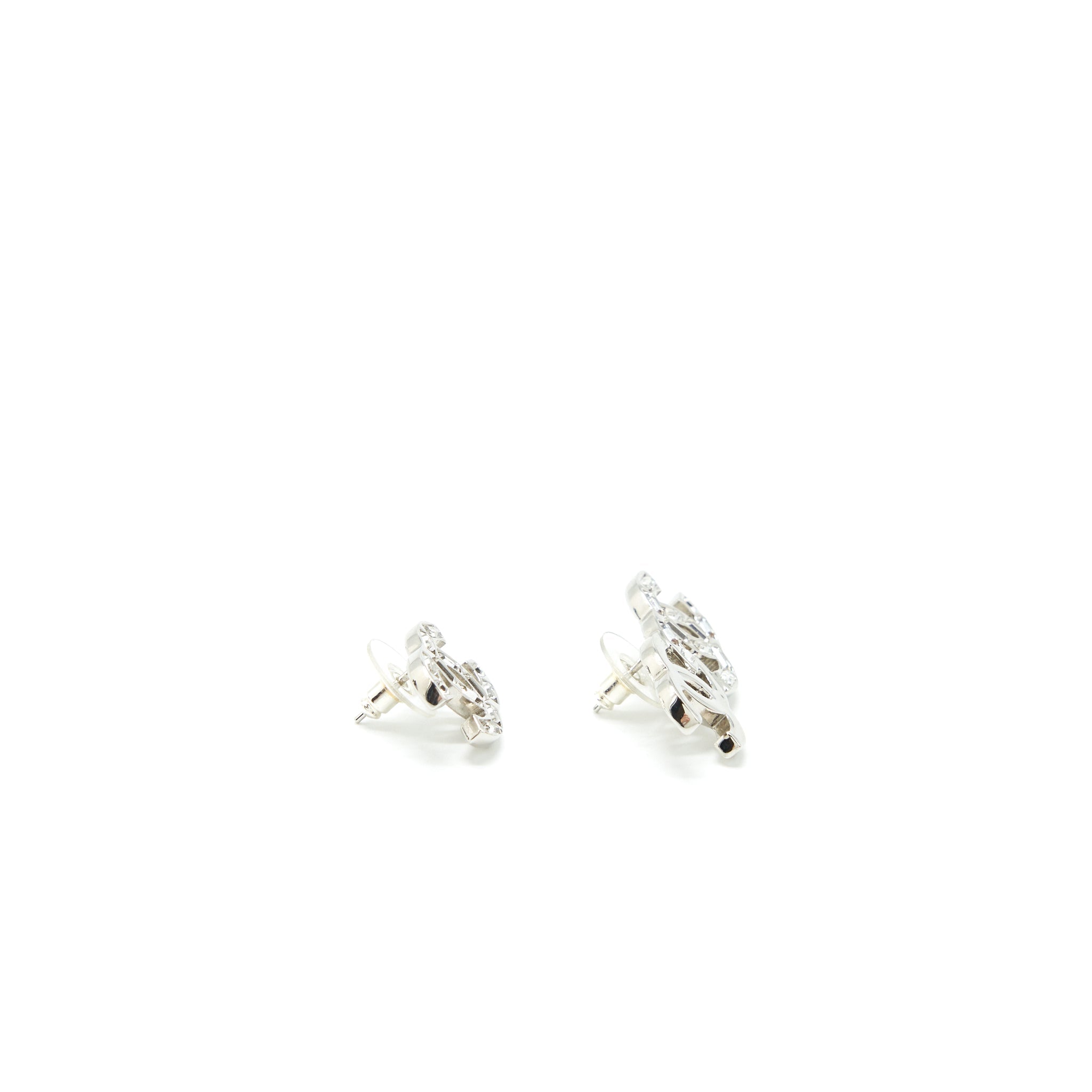 CHANEL CC LOGO EARRING WITH CRYSTAL SLIVER TONE