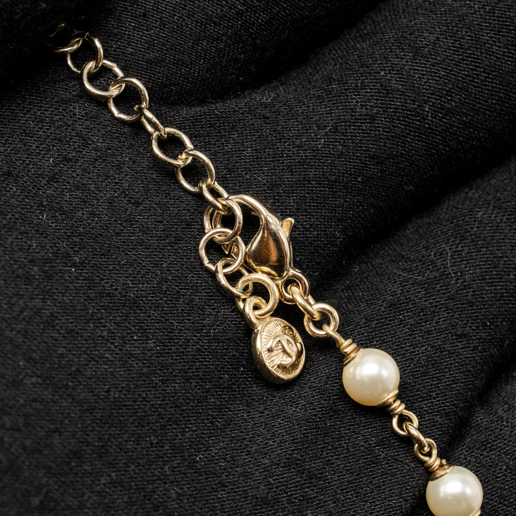 CHANEL PEARL DROPPED LONG NECKLACE CRYSTAL CC LOGO LIGHT GOLD TONE