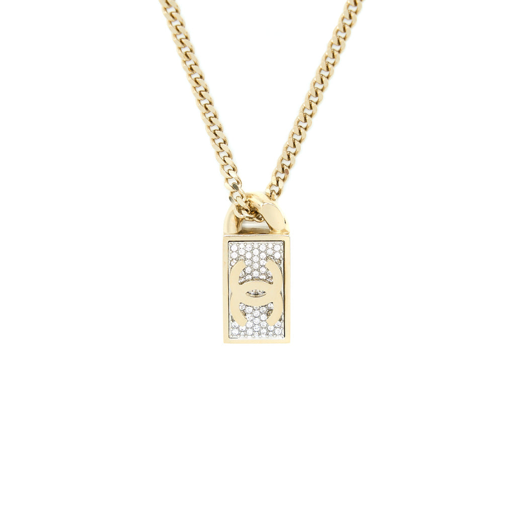 CHANEL SQUARE CC LOGO CRYSTAL PENDANT LIGHT GOLD TONE