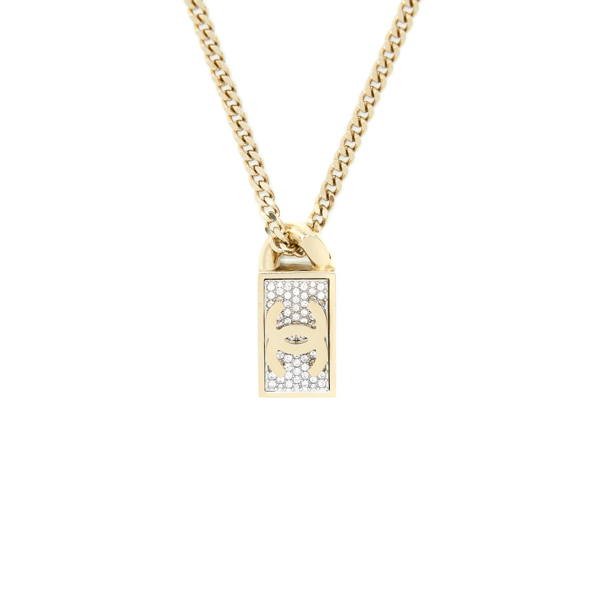 CHANEL SQUARE CC LOGO CRYSTAL PENDANT LIGHT GOLD TONE