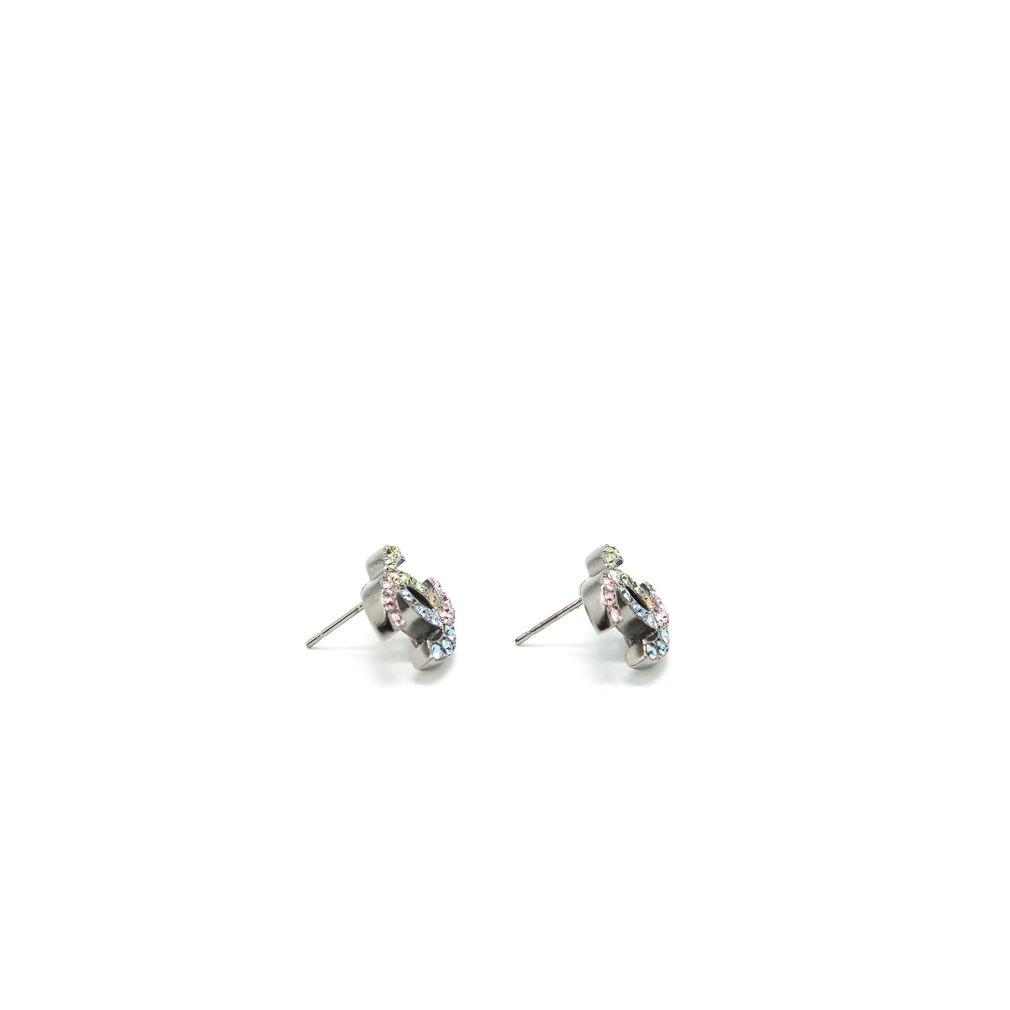 CHANEL 22S CC LOGO RAINBOW CRYSTAL EARRINGS SLIVER TONE