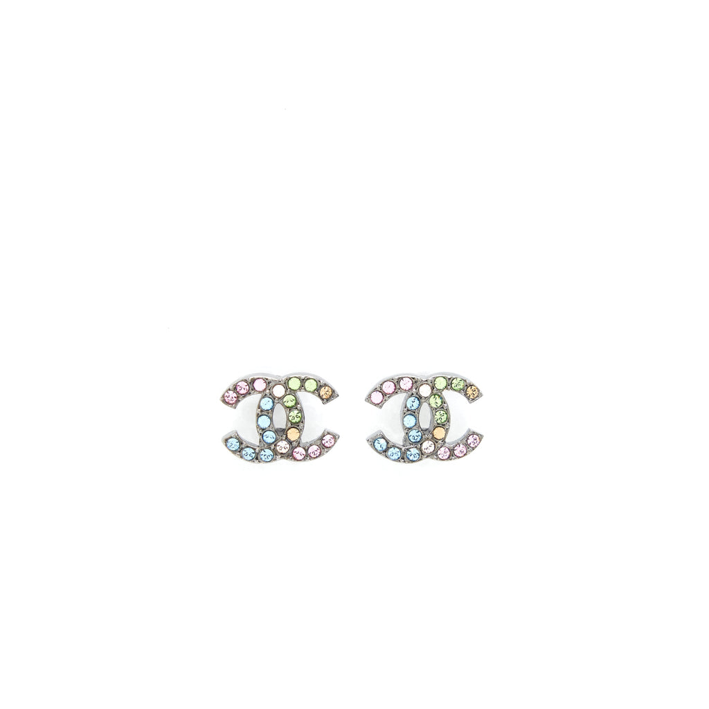 CHANEL 22S CC LOGO RAINBOW CRYSTAL EARRINGS SLIVER TONE