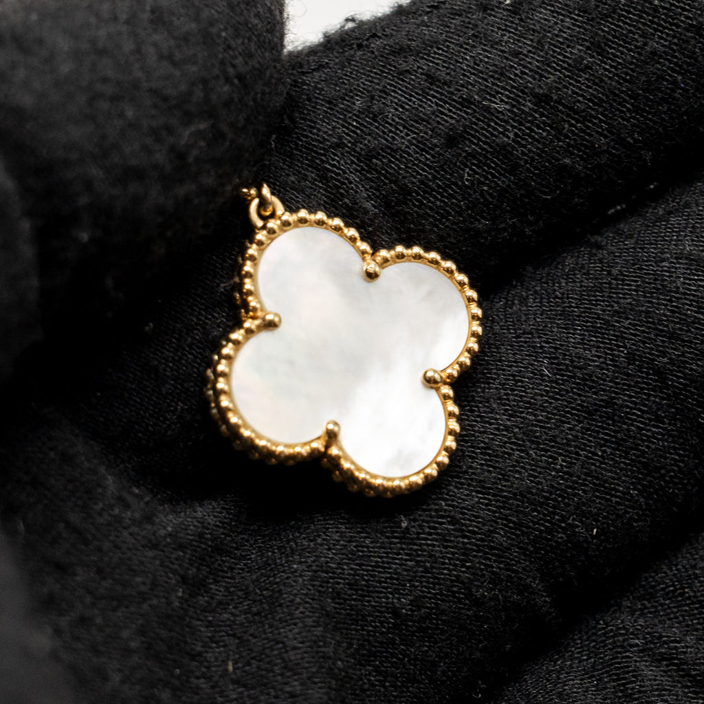 VAN CLEEF & ARPELS MAGIC ALHAMBRA 2-MOTIF EARRINGS, YELLOW GOLD, WHITE MOTHER-OF-PEARL