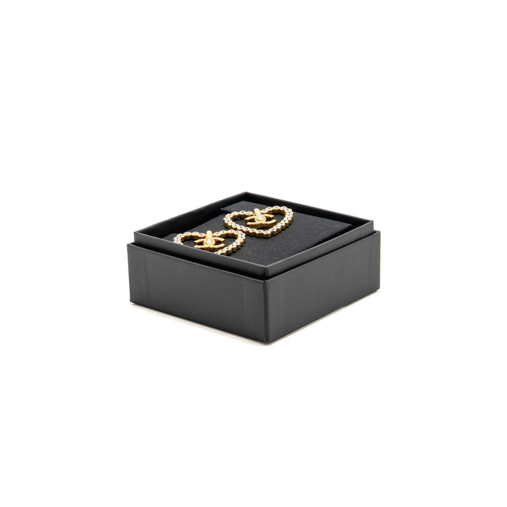 CHANEL GIANT HEART AND CC LOGO EARRINGS WITH CRYSTAL GOLD TONE