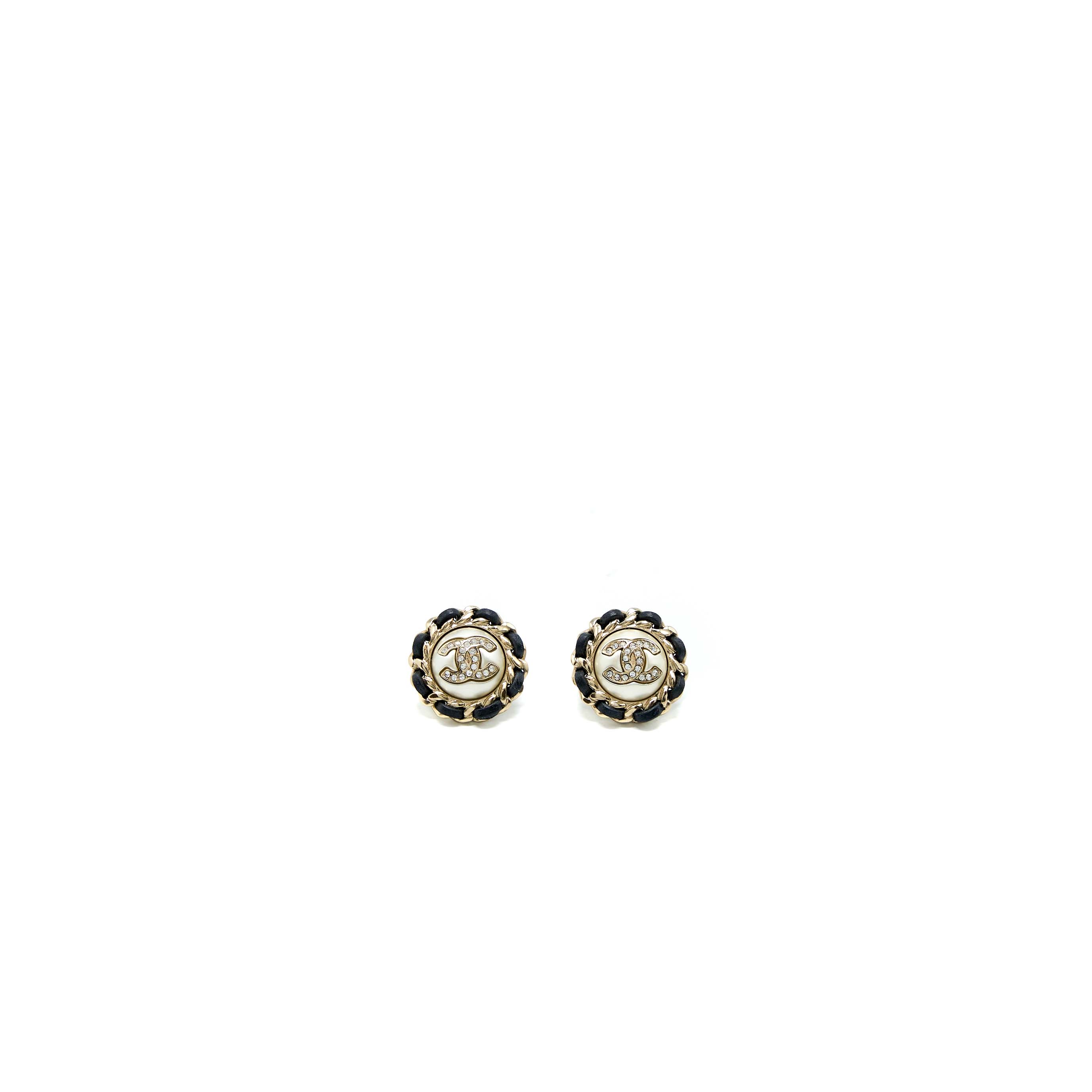CHANEL ROUND PEARL/CRYSTAL/LEATHER CHAIN EARRING LIGHT GOLD TONE