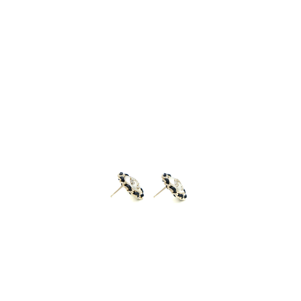 CHANEL ROUND PEARL/CRYSTAL/LEATHER CHAIN EARRING LIGHT GOLD TONE