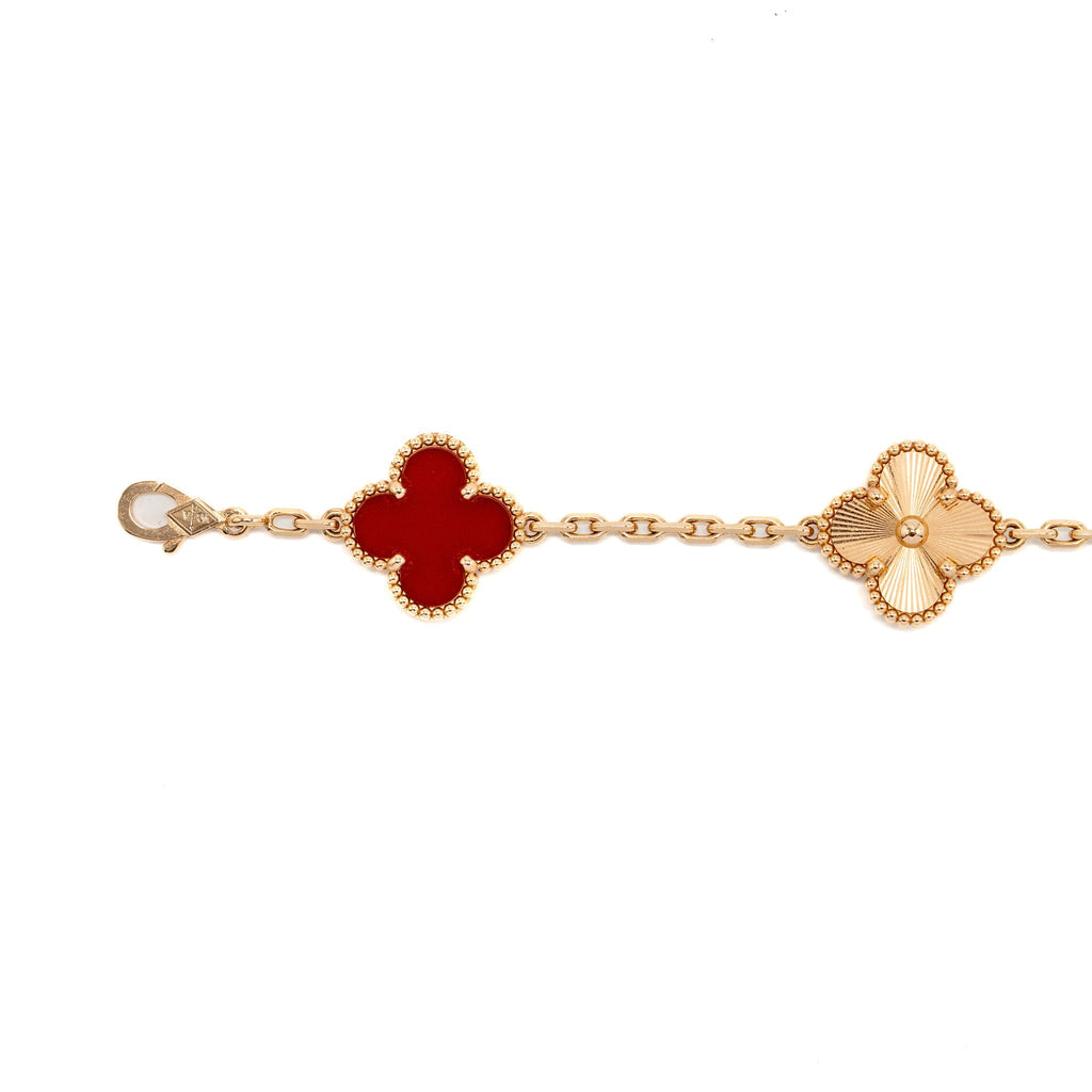 VAN CLEEF & ARPELS VINTAGE ALHAMBRA 5 MOTIFS BRACELET GUILLOCHE ROSE GOLD/CARNELIAN